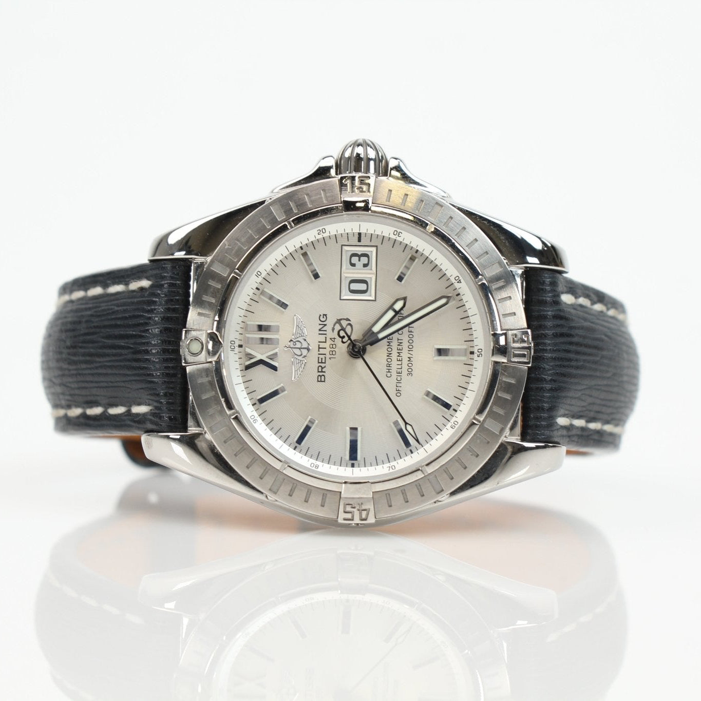 Breitling Galactic 41 watch with stainless steel case and black dial, featuring chronograph functions and elegant design.