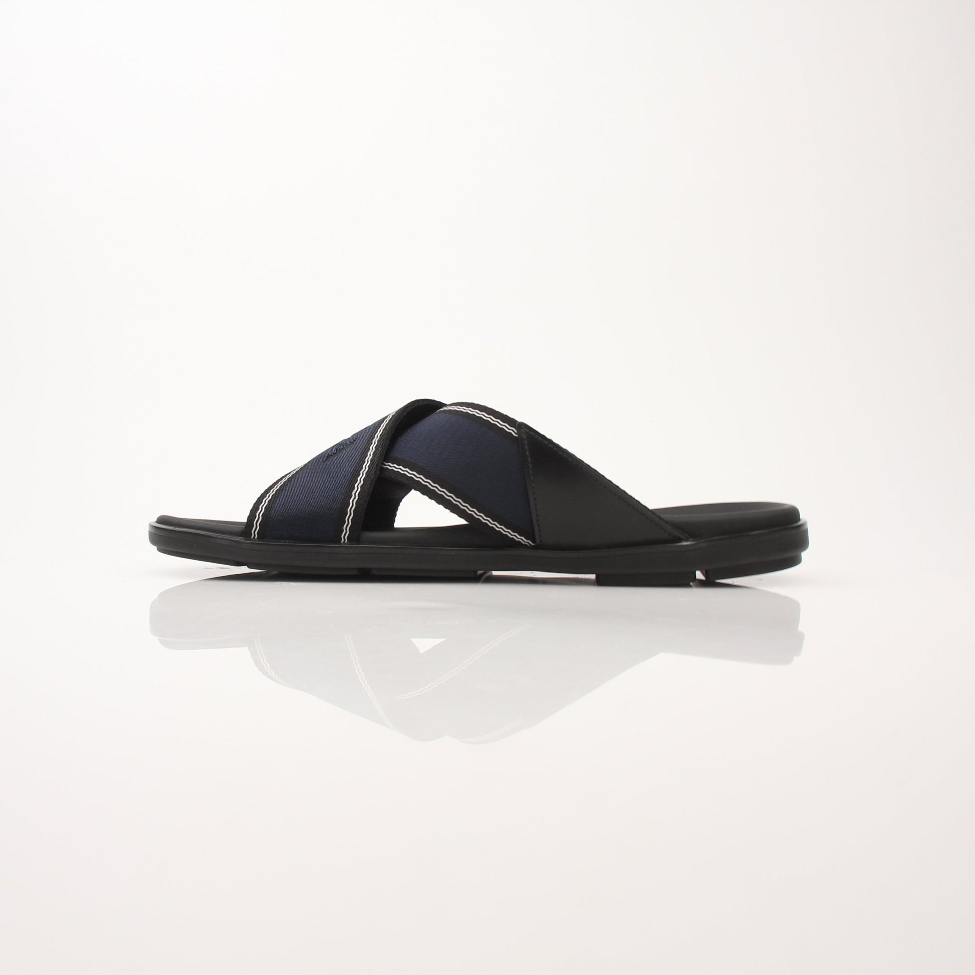 Prada men's leather and Re-Nylon sandals, stylish shoes with sleek straps and durable soles, showcased on a neutral background.