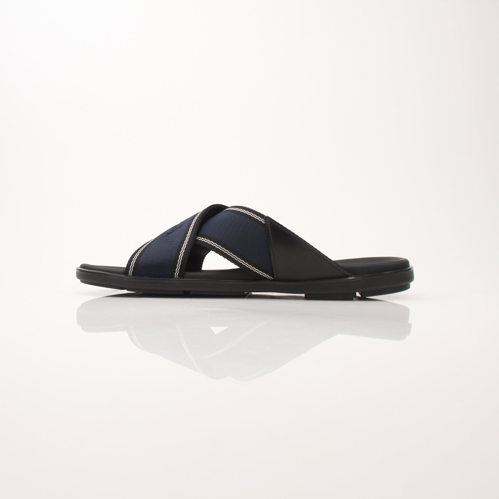 Prada men's leather and Re-Nylon sandals, stylish shoes with sleek straps and durable soles, showcased on a neutral background.