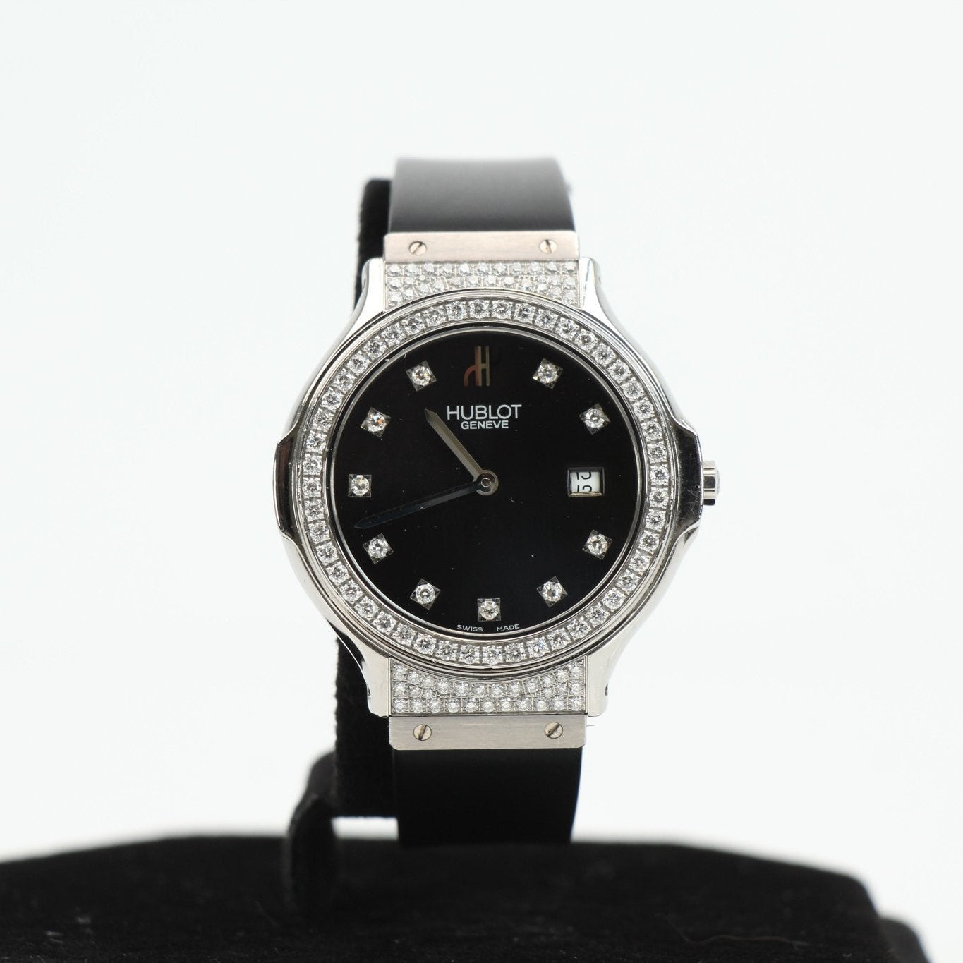 Hublot Classic Fusion GTS Diamond watch with a sleek design, gold accents, and diamond details on the dial, displayed on a white background.