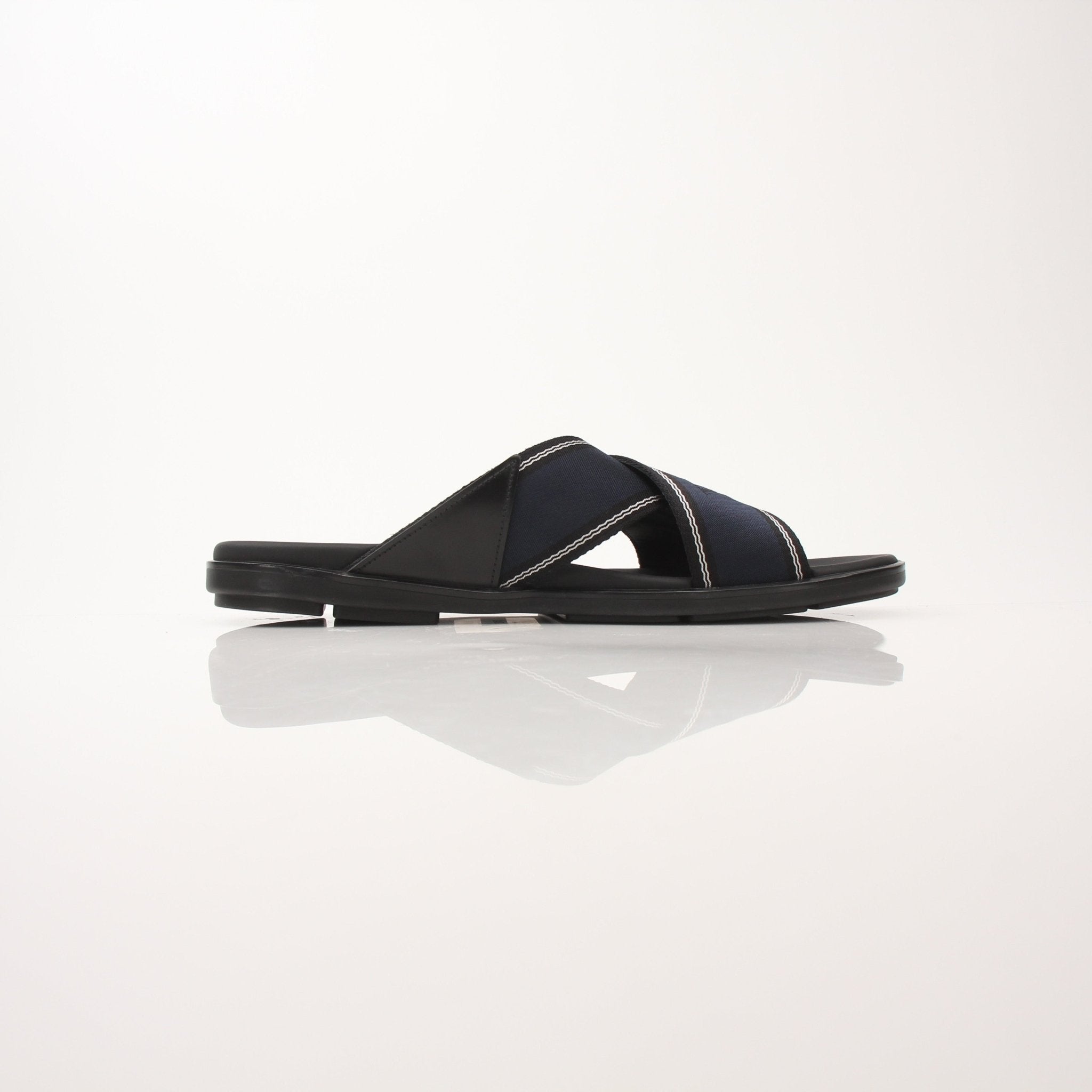 Prada men's leather and Re-Nylon sandals featuring sleek design and adjustable straps, displayed on a clean, neutral background.