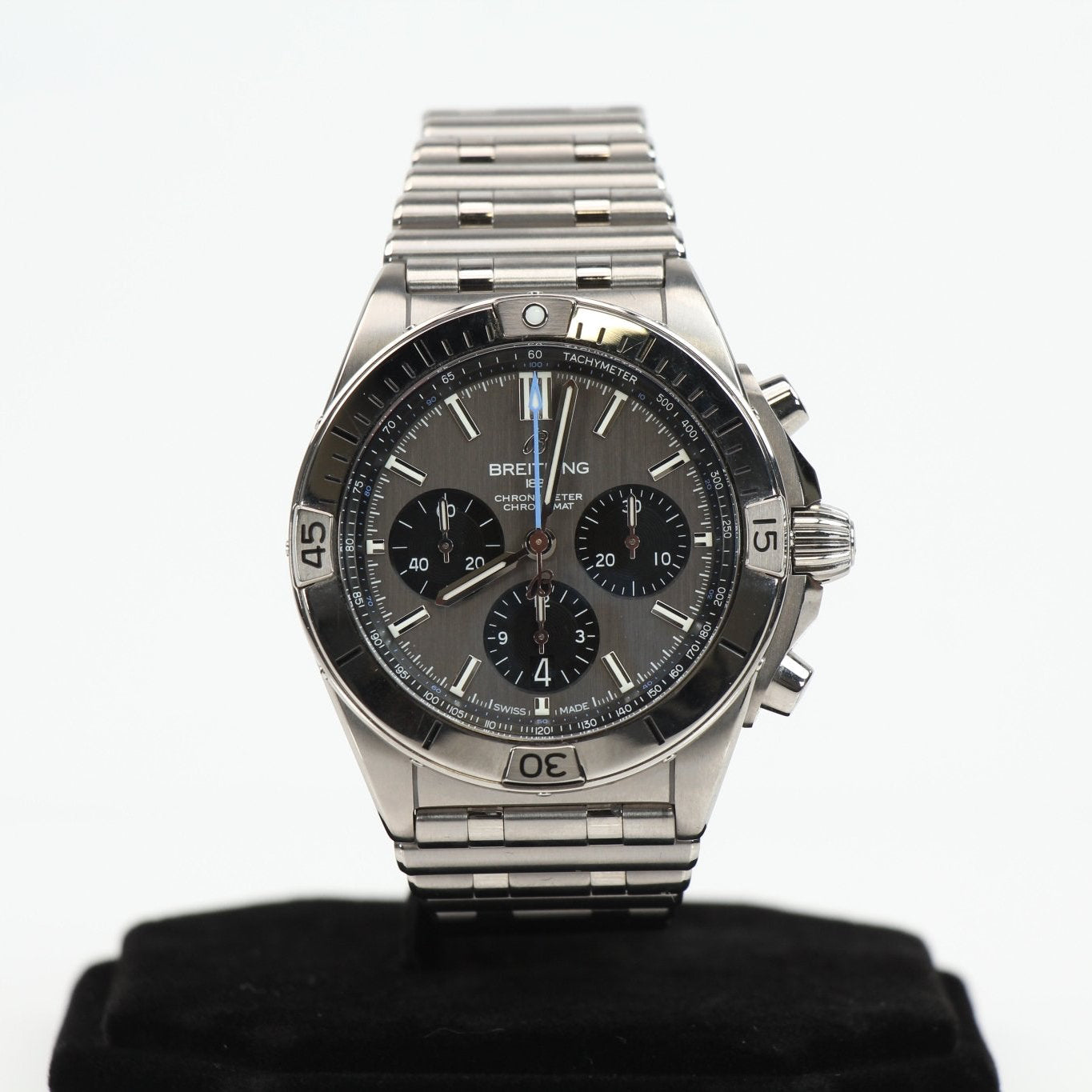 Breitling Chronomat B01 titanium watch with black dial and stainless steel bracelet, showcasing a luxury chronograph timepiece.