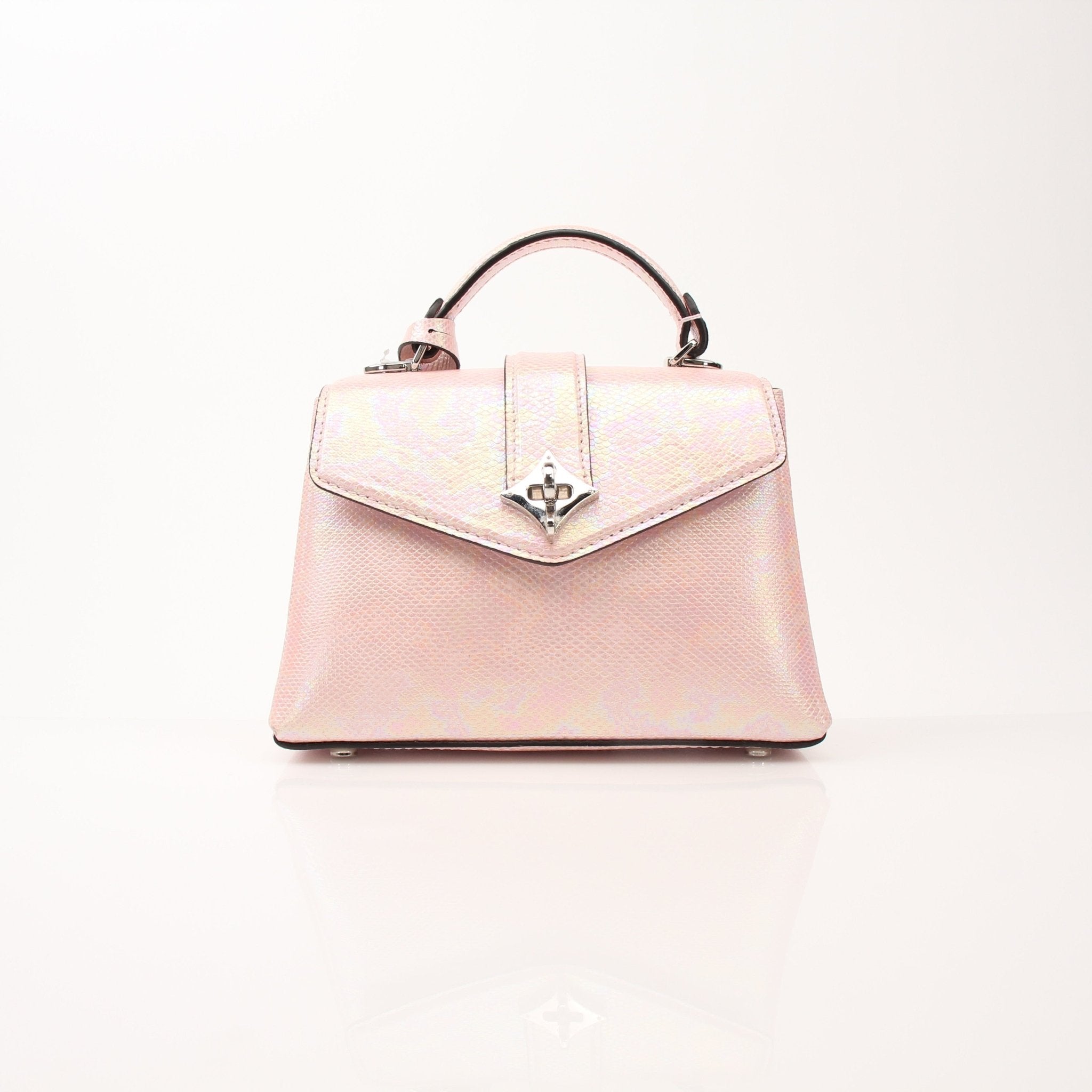 Louis Vuitton iridescent lizard Rose Des Vents mini shoulder handbag with gold hardware, detailed exterior and adjustable strap.