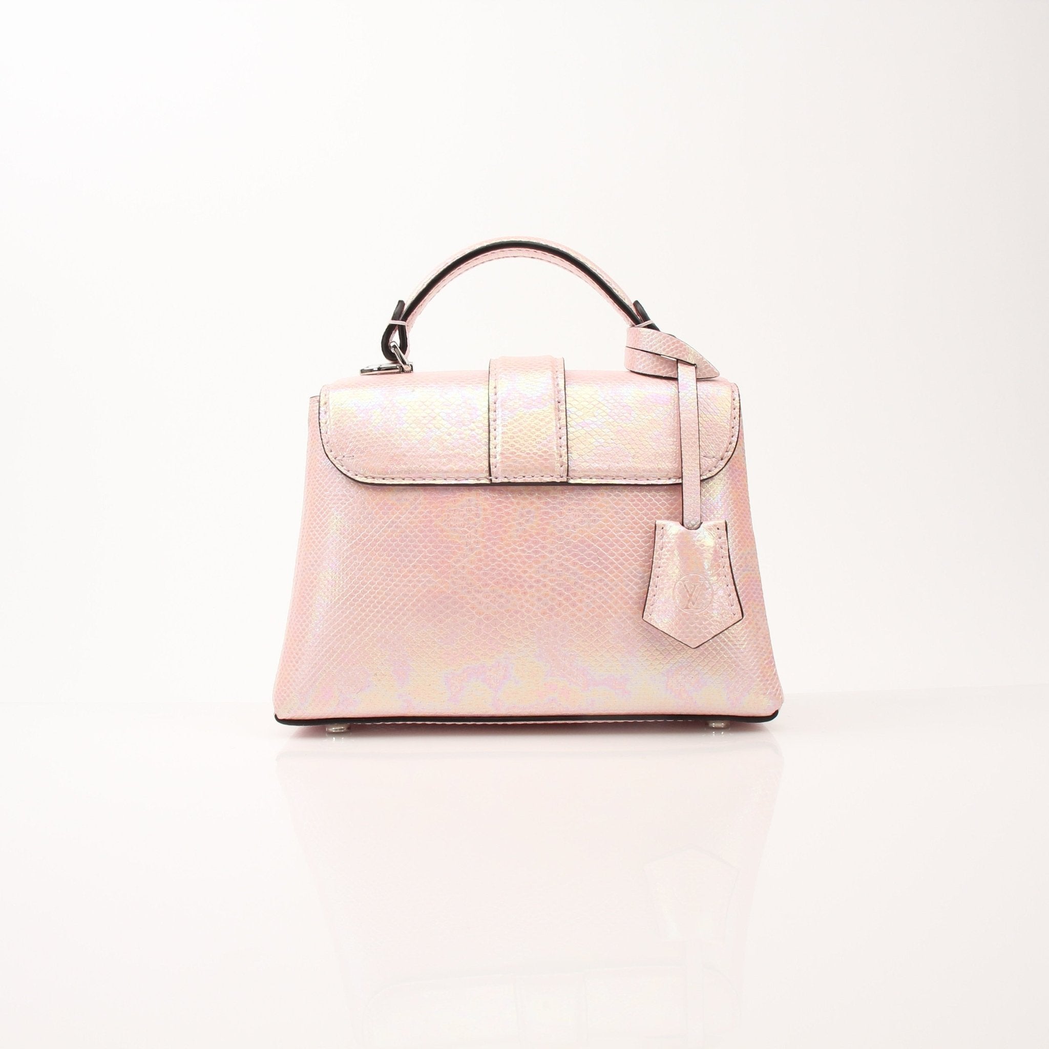 Louis Vuitton iridescent lizard Rose Des Vents mini shoulder handbag with gold hardware and adjustable strap.