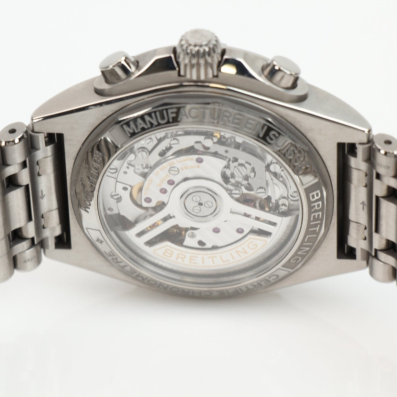 Titanium Breitling Chronomat B01 watch with black dial and stainless steel bracelet, showcasing chronograph features and sporty design.
