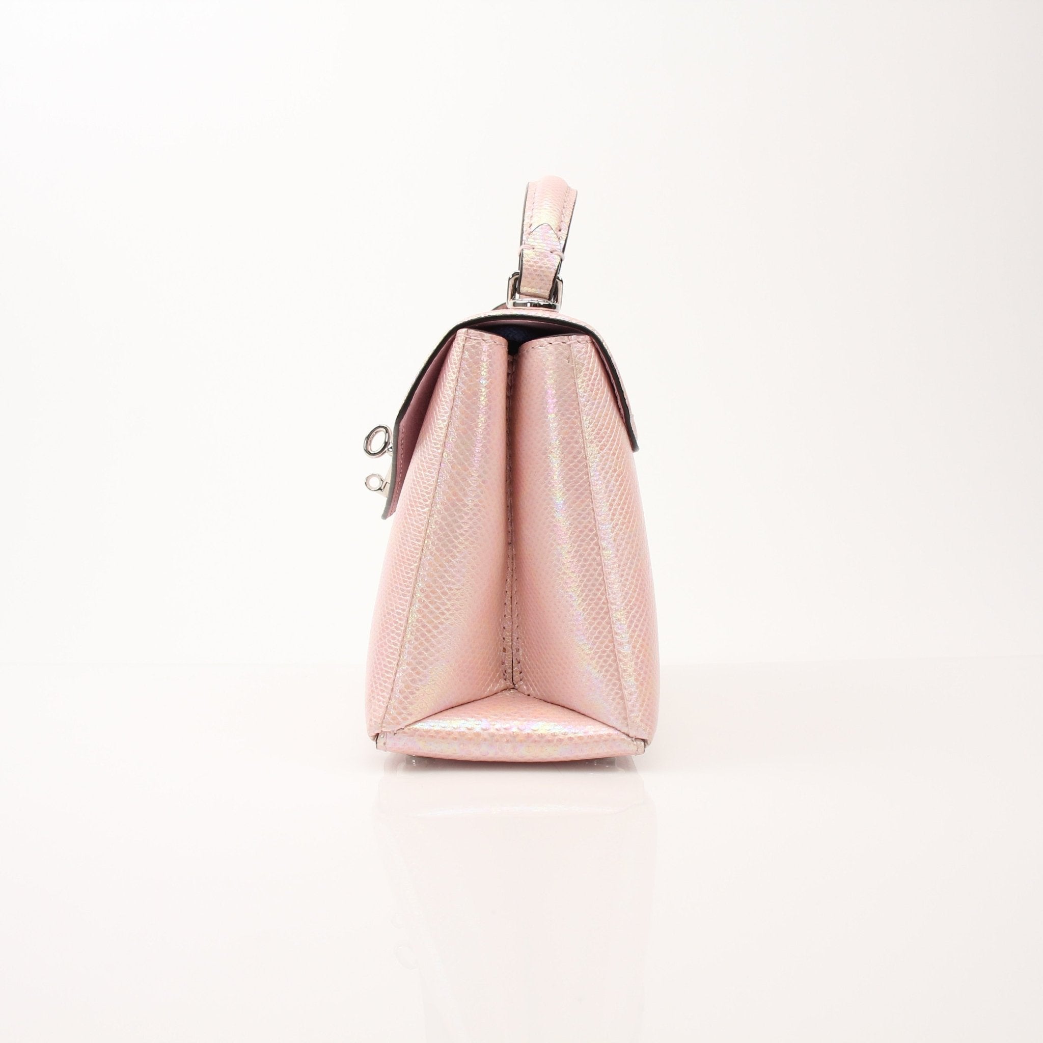 Louis Vuitton iridescent lizard Rose Des Vents mini shoulder handbag with gold hardware featuring a compact, stylish design.