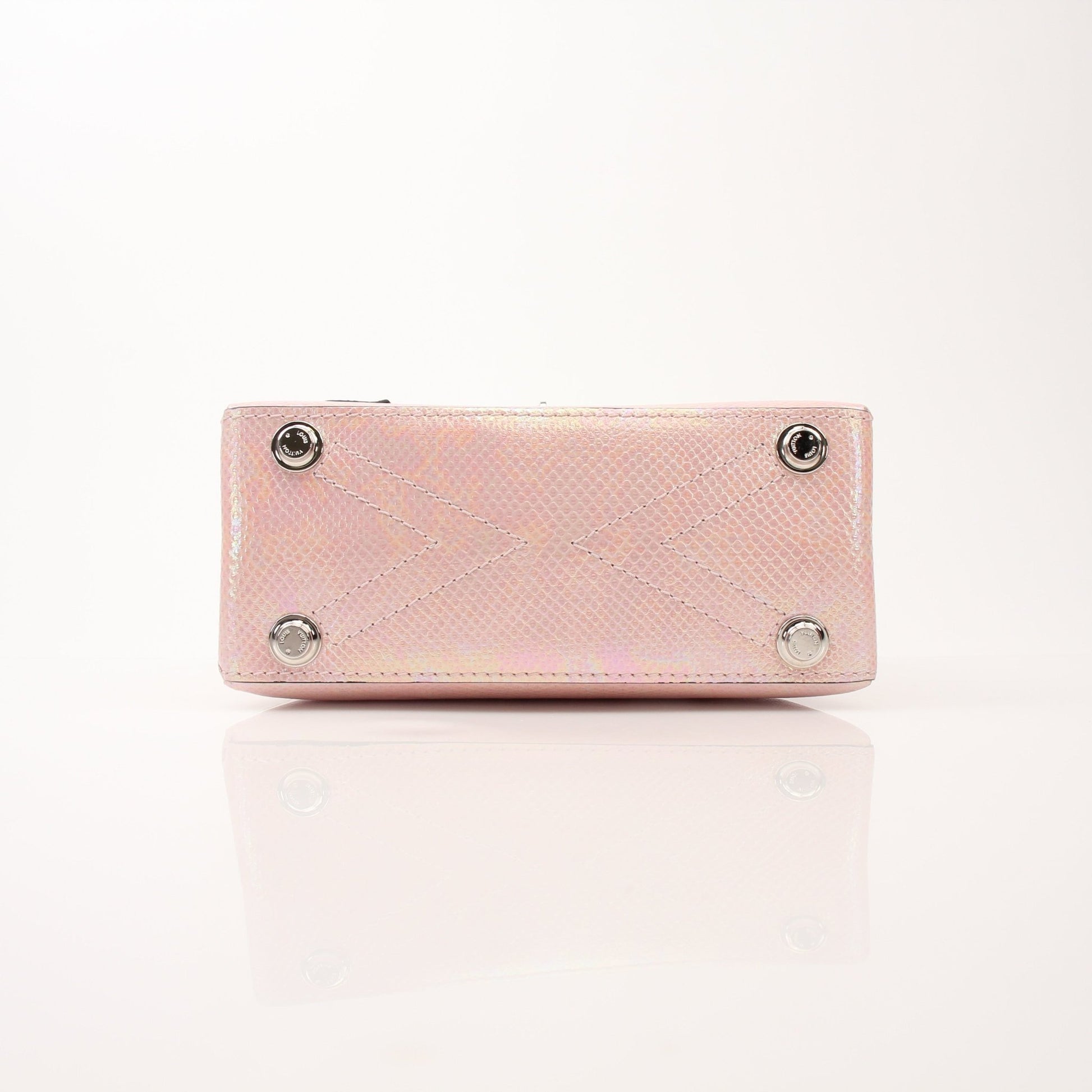 Louis Vuitton iridescent lizard Rose Des Vents mini shoulder handbag with gold accents, showcasing sleek design and textured surface.