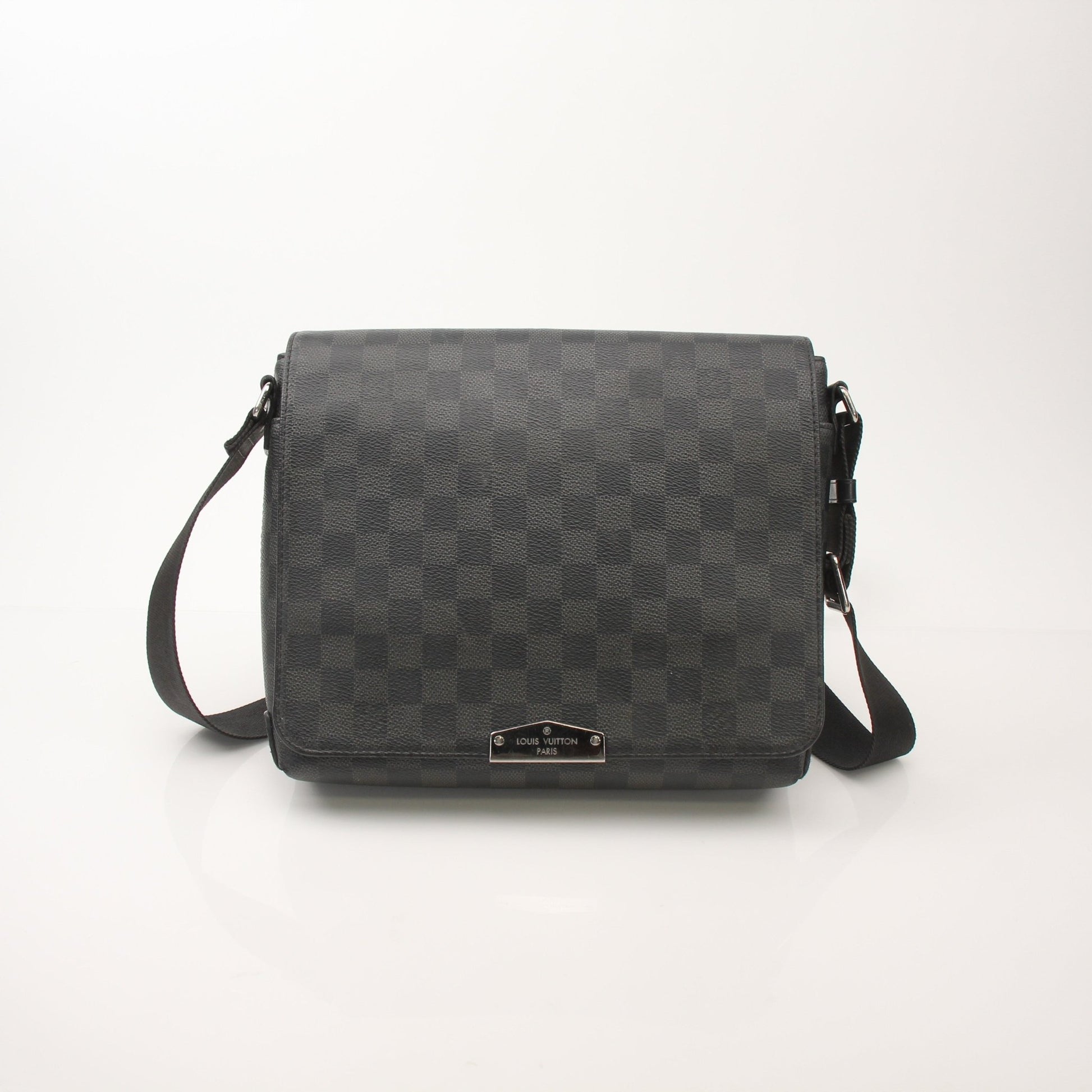 Louis Vuitton District PM Messenger Bag in canvas with leather trim, featuring adjustable strap and gold-tone hardware for travel use.