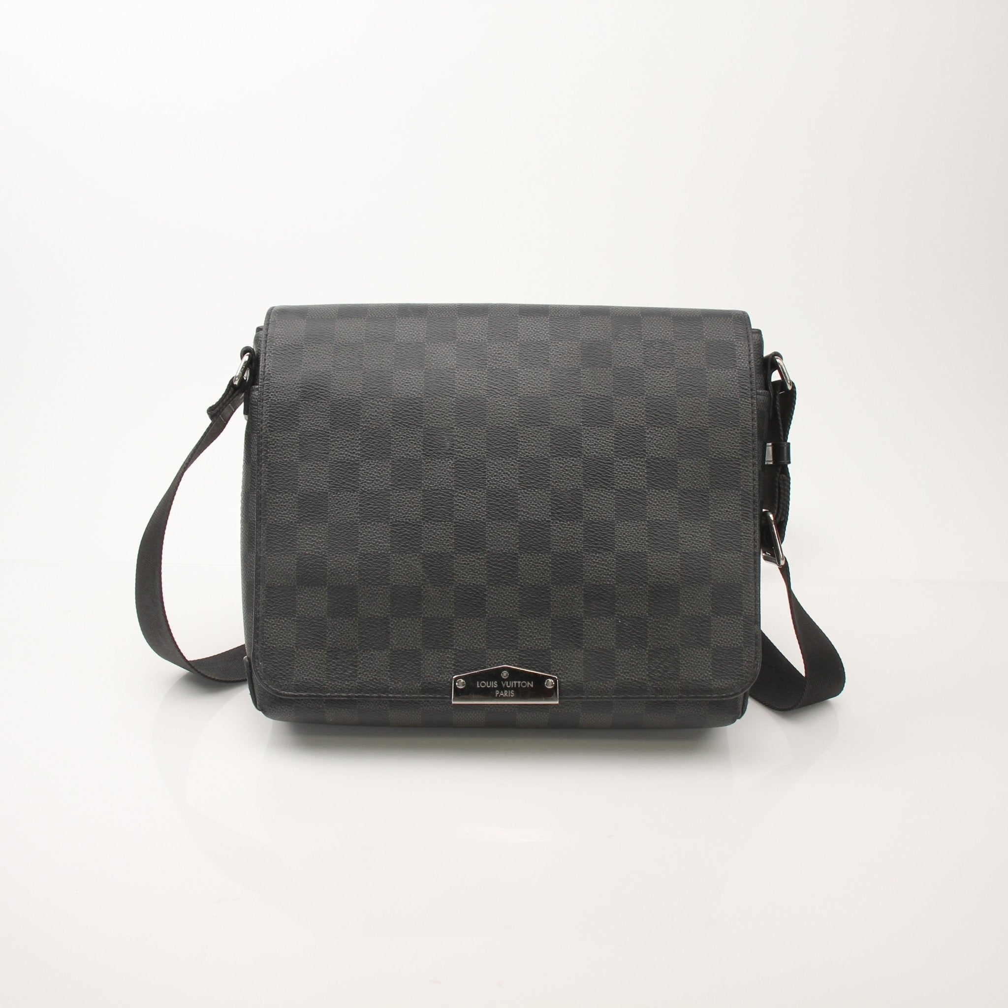 Louis Vuitton District PM Messenger Bag in canvas with leather trim, featuring adjustable strap and gold-tone hardware for travel use.