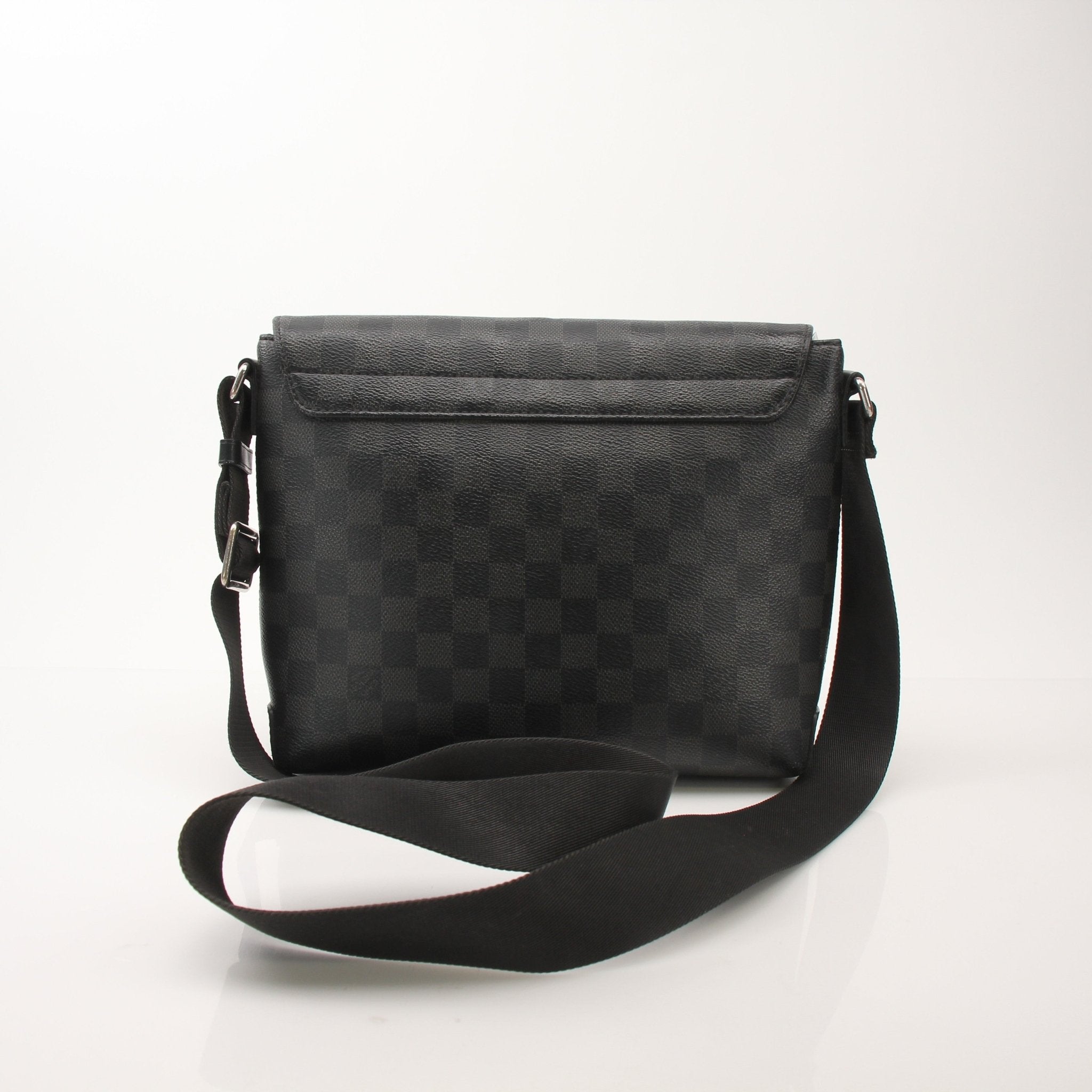 Louis Vuitton District PM messenger bag in black leather with gold hardware, featuring adjustable strap and signature LV logo details.