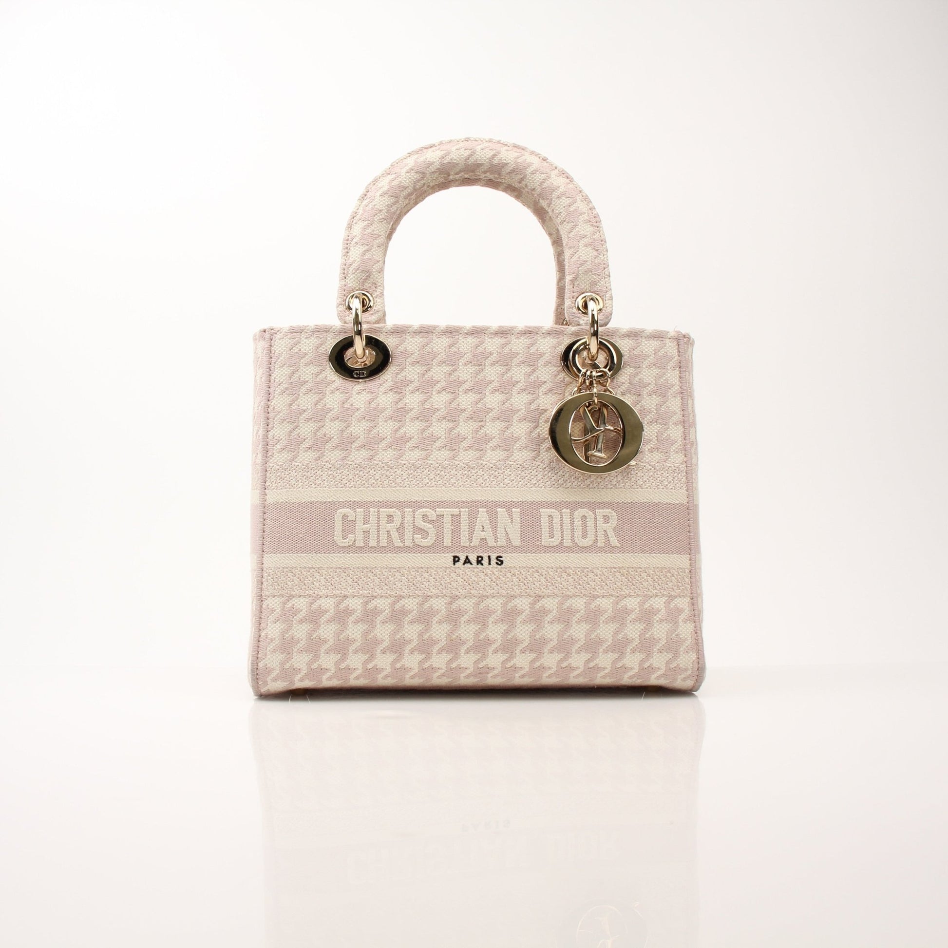 Christian Dior Embroidered Canvas Lady D-Lite Handbag with gold accents and intricate embroidery, stylish and lightweight for everyday use