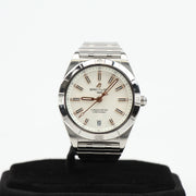 Stainless steel Breitling Chronomat watch with chronograph dial, silver face, and sporty design, displayed on a white background.
