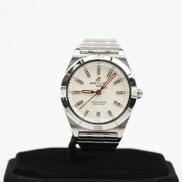 Breitling Chronomat stainless steel automatic watch with a sleek design and detailed dial features.