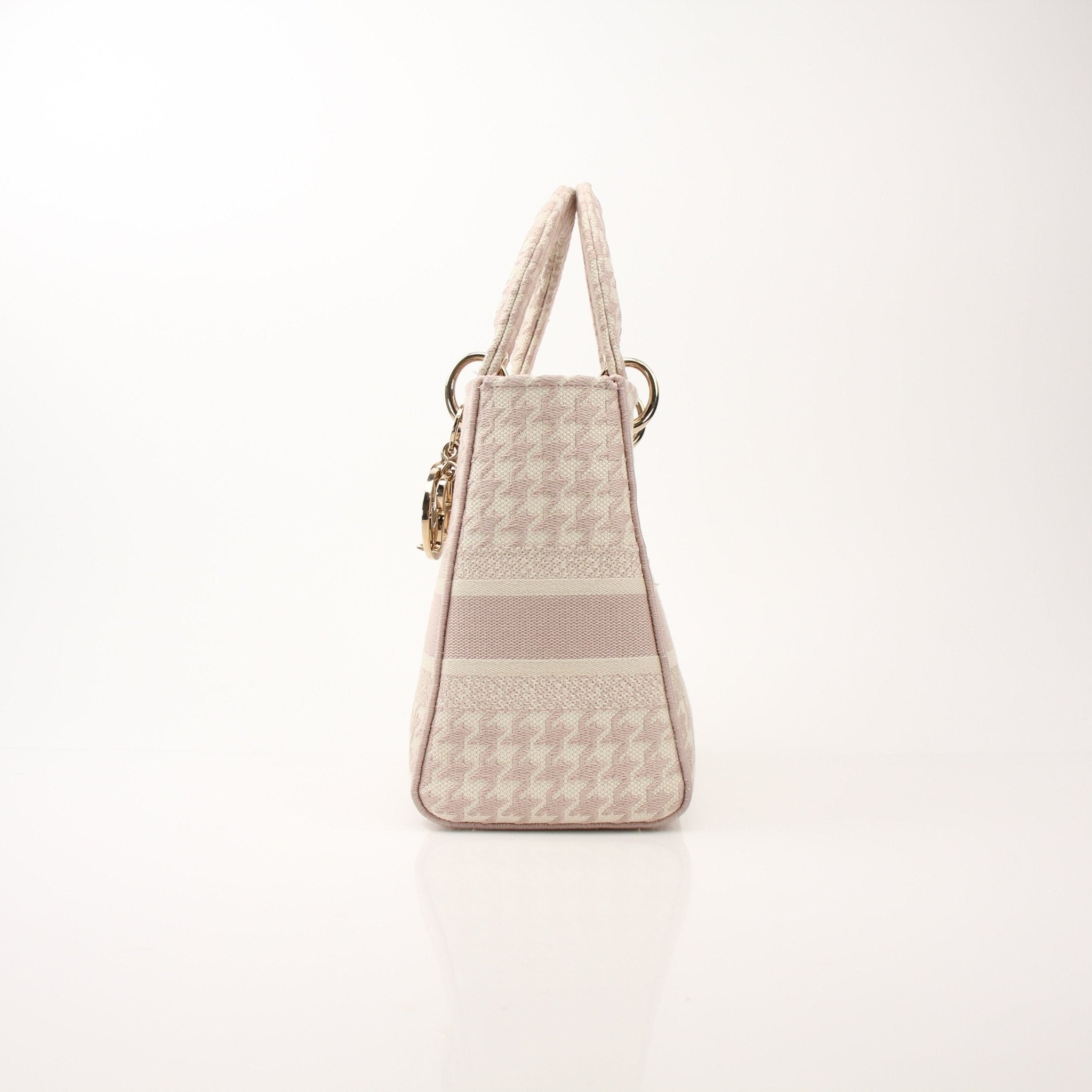 Christian Dior Embroidered Canvas Lady D-Lite Handbag with gold accents, featuring intricate embroidery and a stylish design.