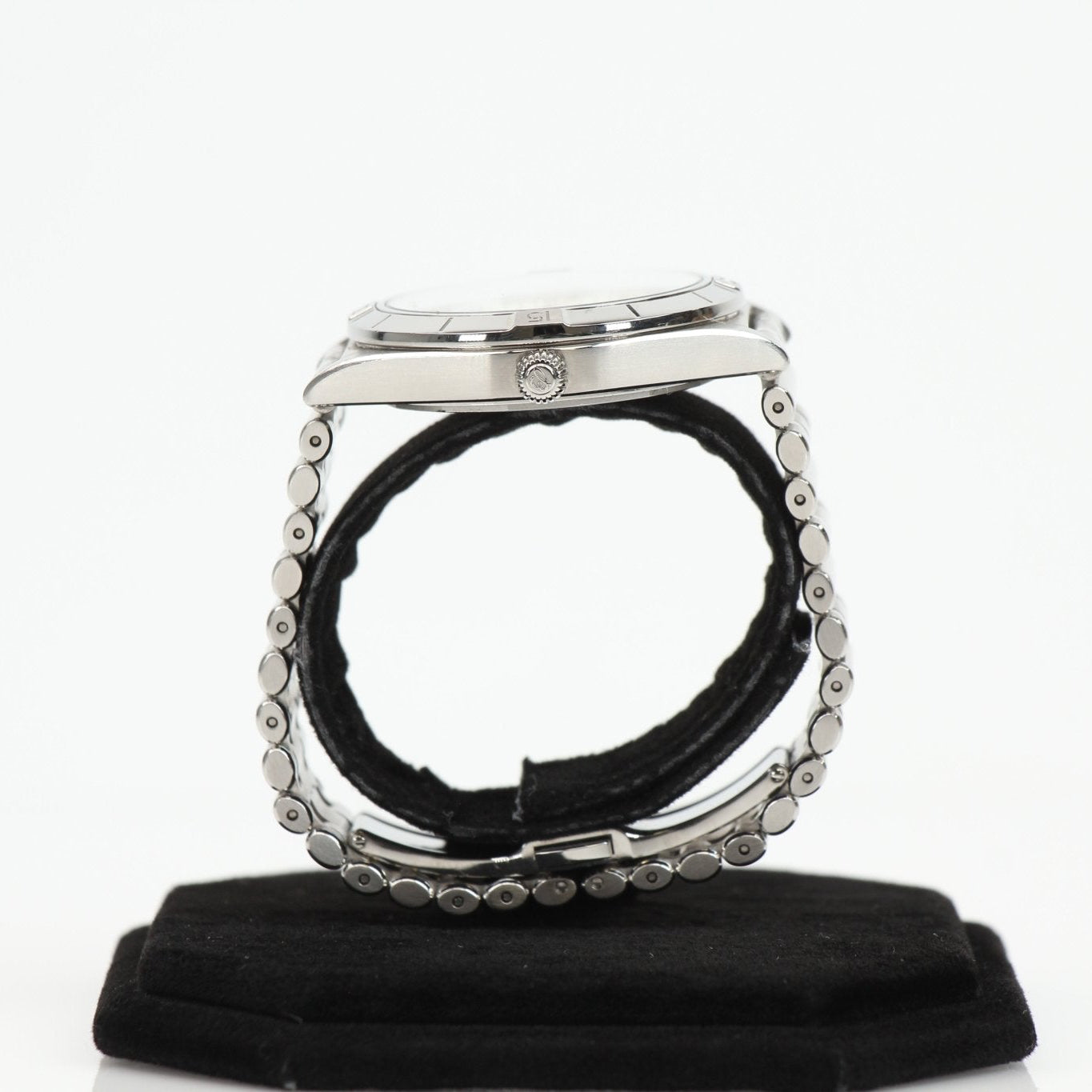 Stainless steel Breitling Chronomat watch with black dial and chronograph features, displayed on a white background.