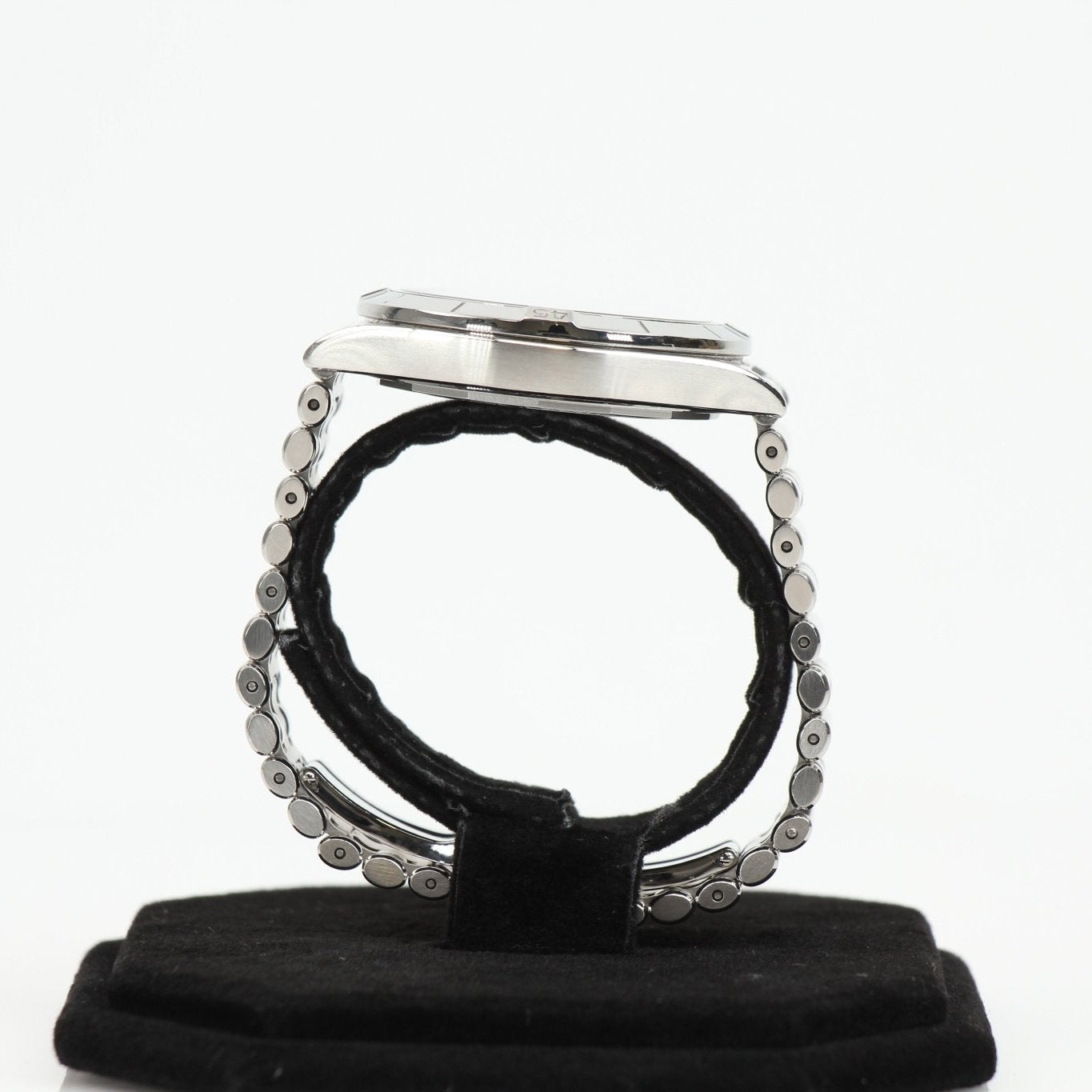 Stainless steel Breitling Chronomat watch with chronograph features, silver dial, and bracelet, displayed on a white background.