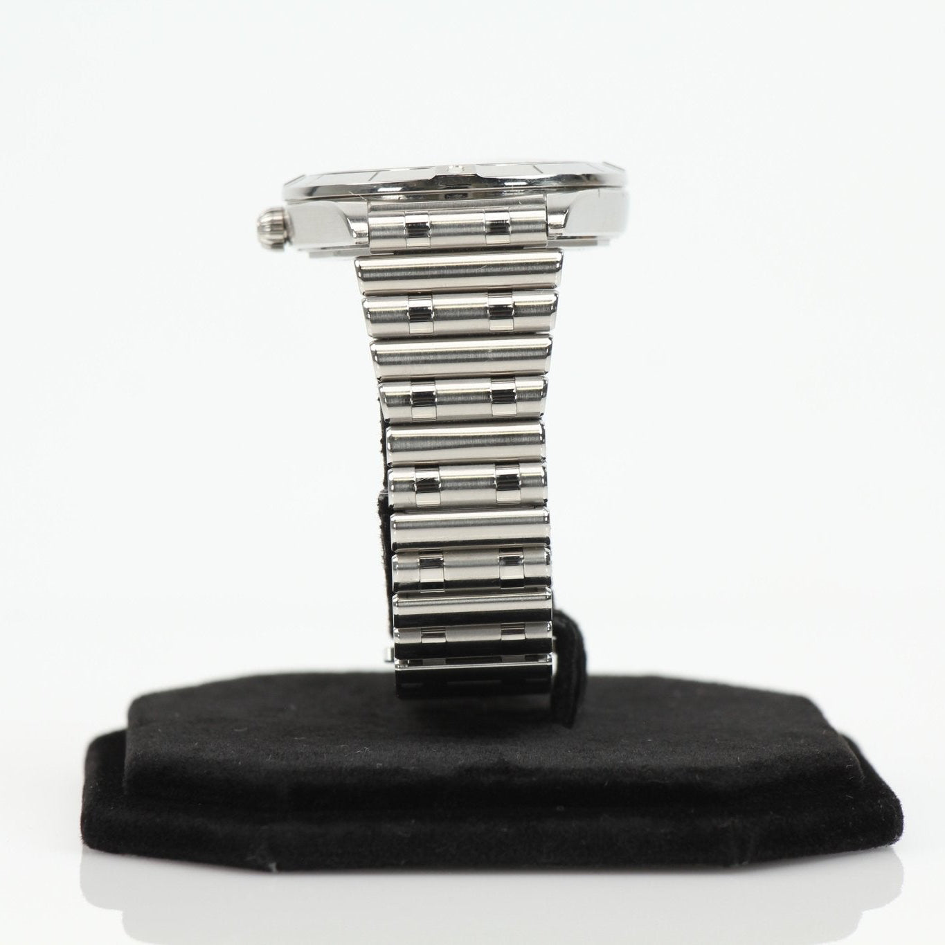 Stainless steel Breitling Chronomat watch with chronograph features and black dial, displayed on a white background.
