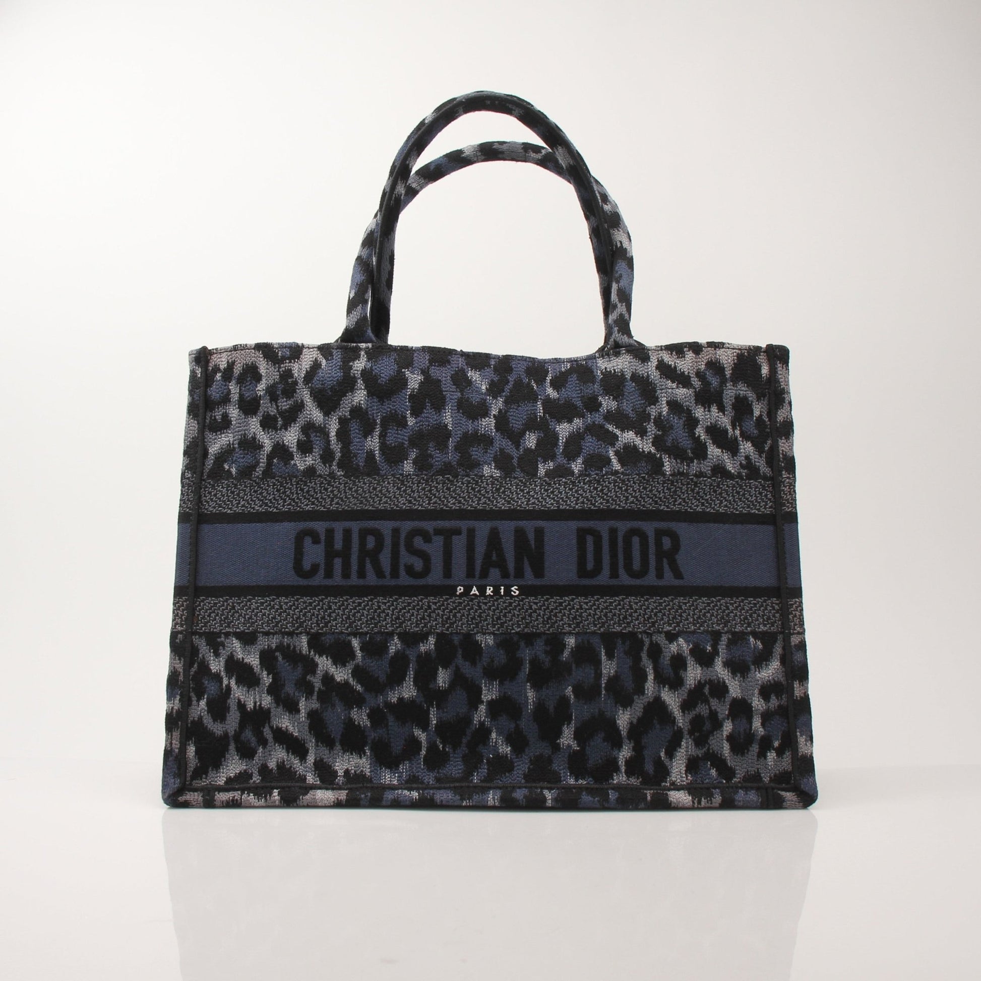 Christian Dior Leopard Book Tote handbag with gold accents and structured design, featuring a bold animal print pattern.