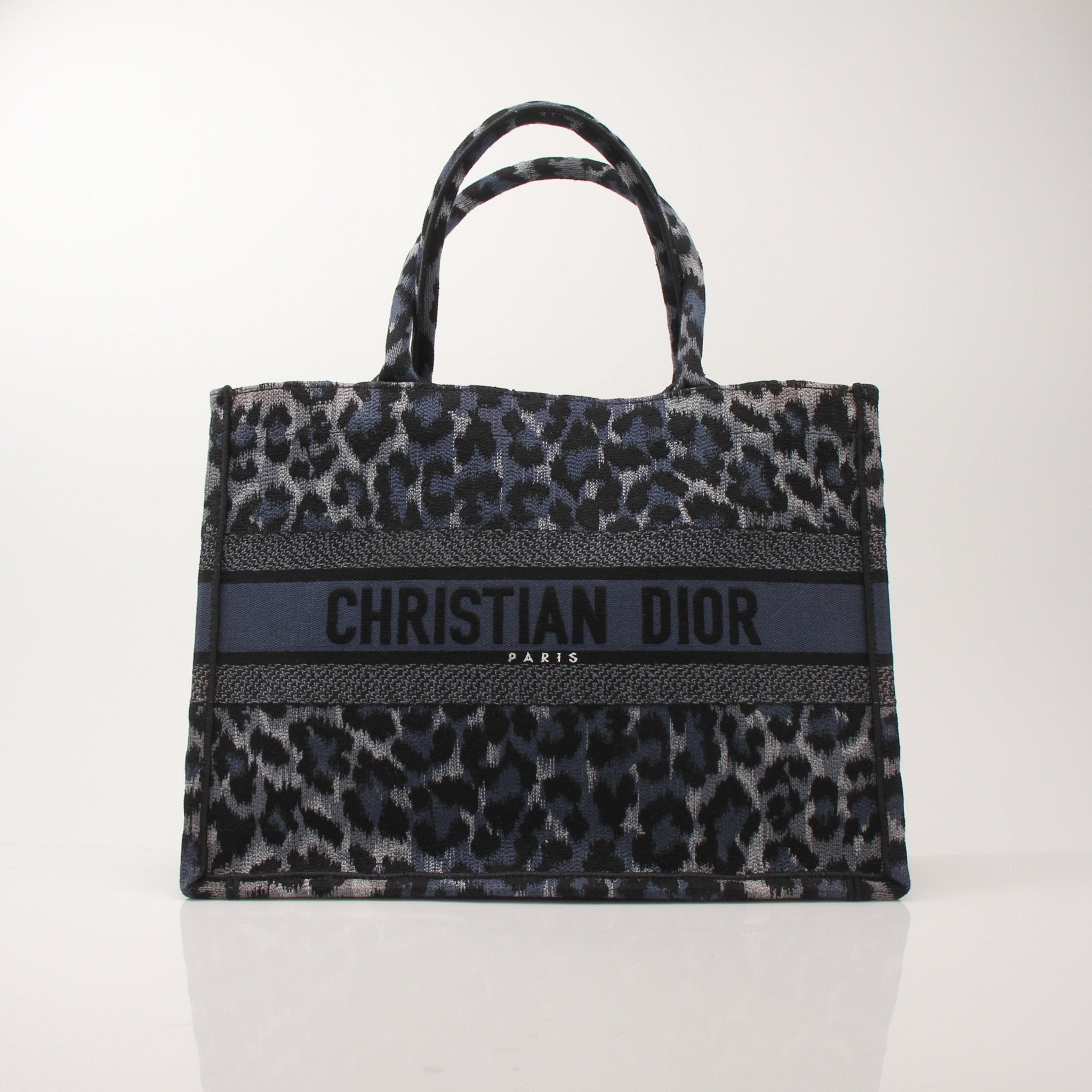 Christian Dior Leopard Book Tote handbag with gold accents and structured design, featuring a bold animal print pattern.