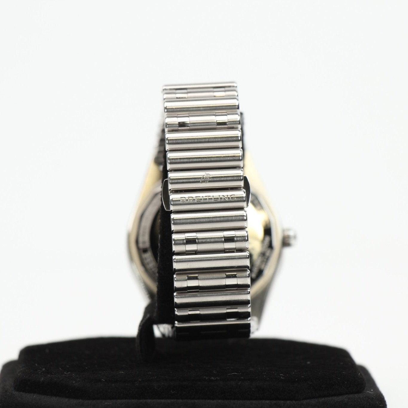 Stainless steel Breitling Chronomat watch with detailed dial and chronograph features, displayed on a white background.