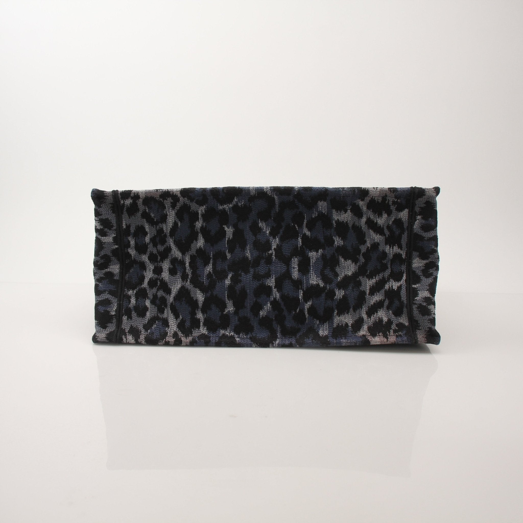 Christian Dior Leopard Book Tote handbag with gold accents, featuring a leopard print design and sturdy handles.