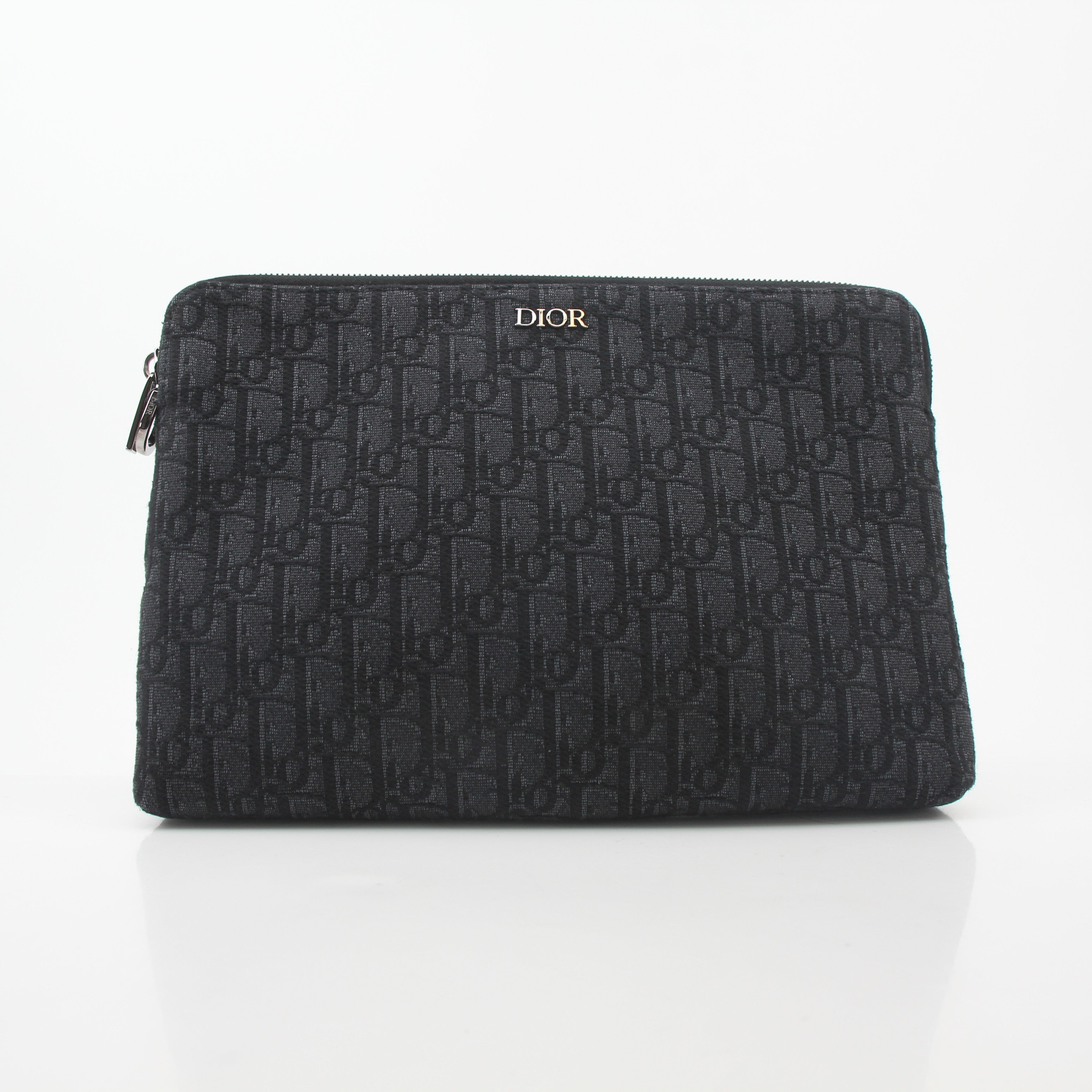 Christian Dior Black Oblique A4 Pouch handbag with gold accents and logo detailing, designed for stylish organization.