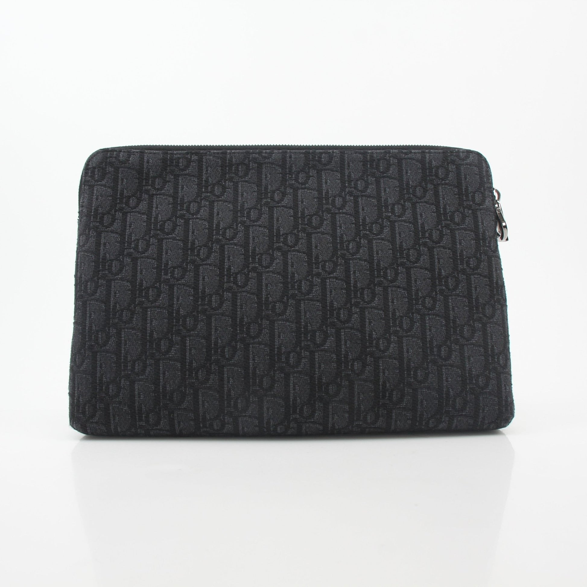 Christian Dior Black Oblique A4 pouch handbag with gold accents, featuring the signature Dior pattern and sleek design.