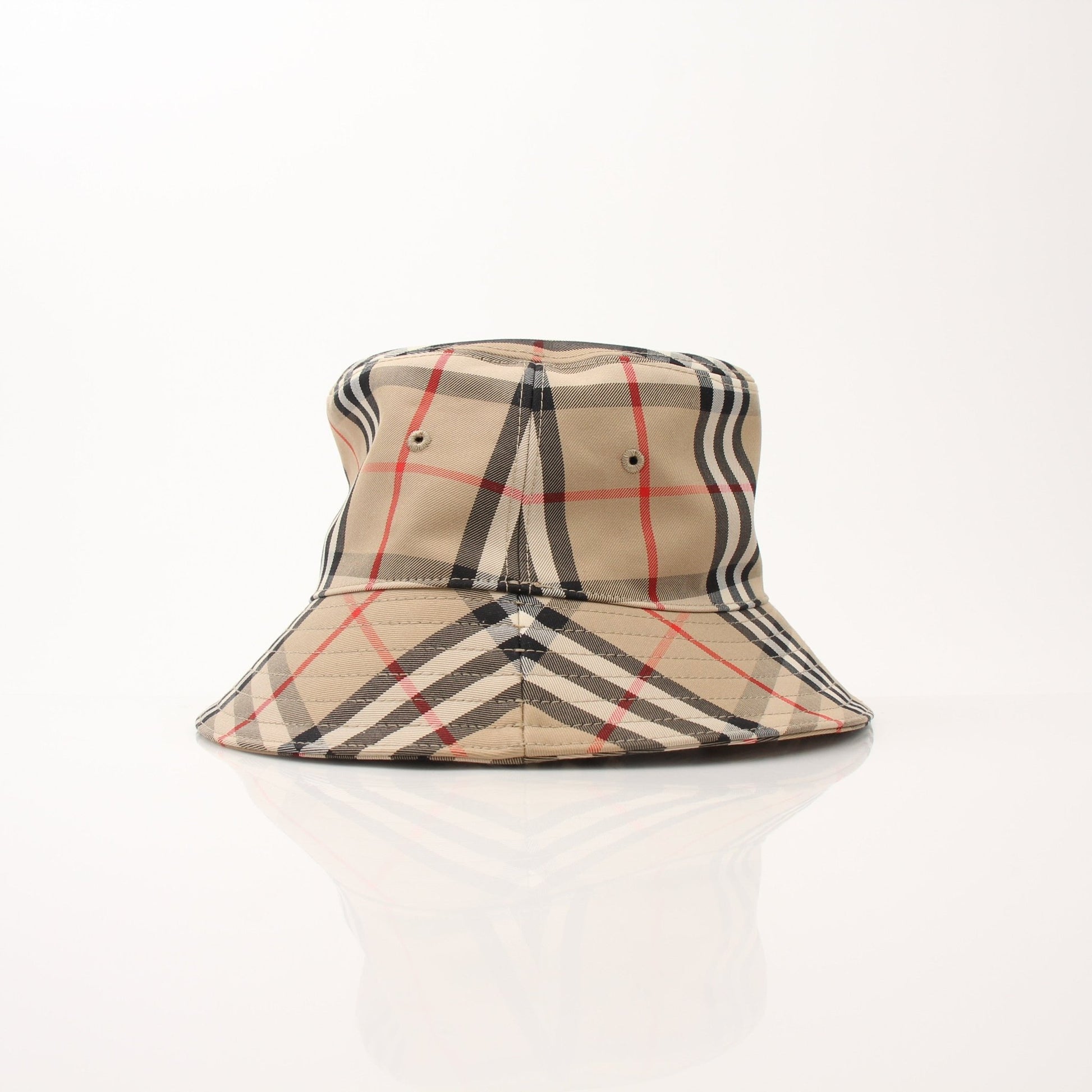 Gold & Beyond Burberry Kid’s Gabriel vintage check bucket hat, beige and brown check pattern, soft fabric, casual accessory for children.