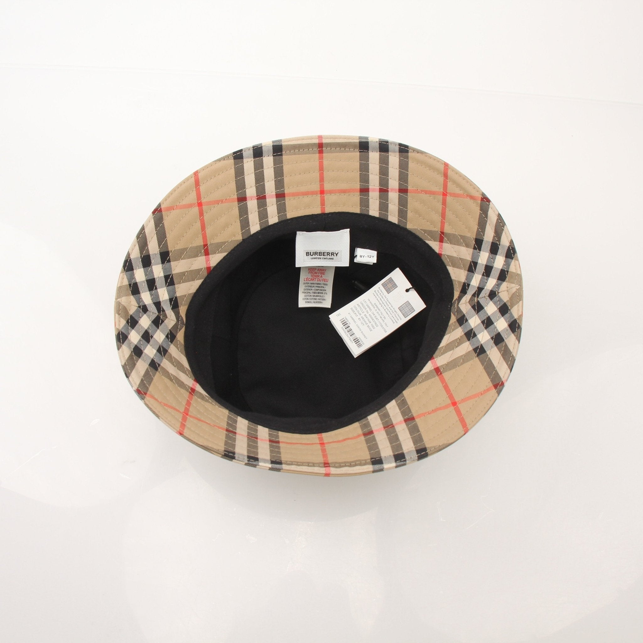 Gold & Beyond Burberry Kid’s Gabriel vintage check bucket hat, stylish accessories with classic plaid pattern and wide brim.
