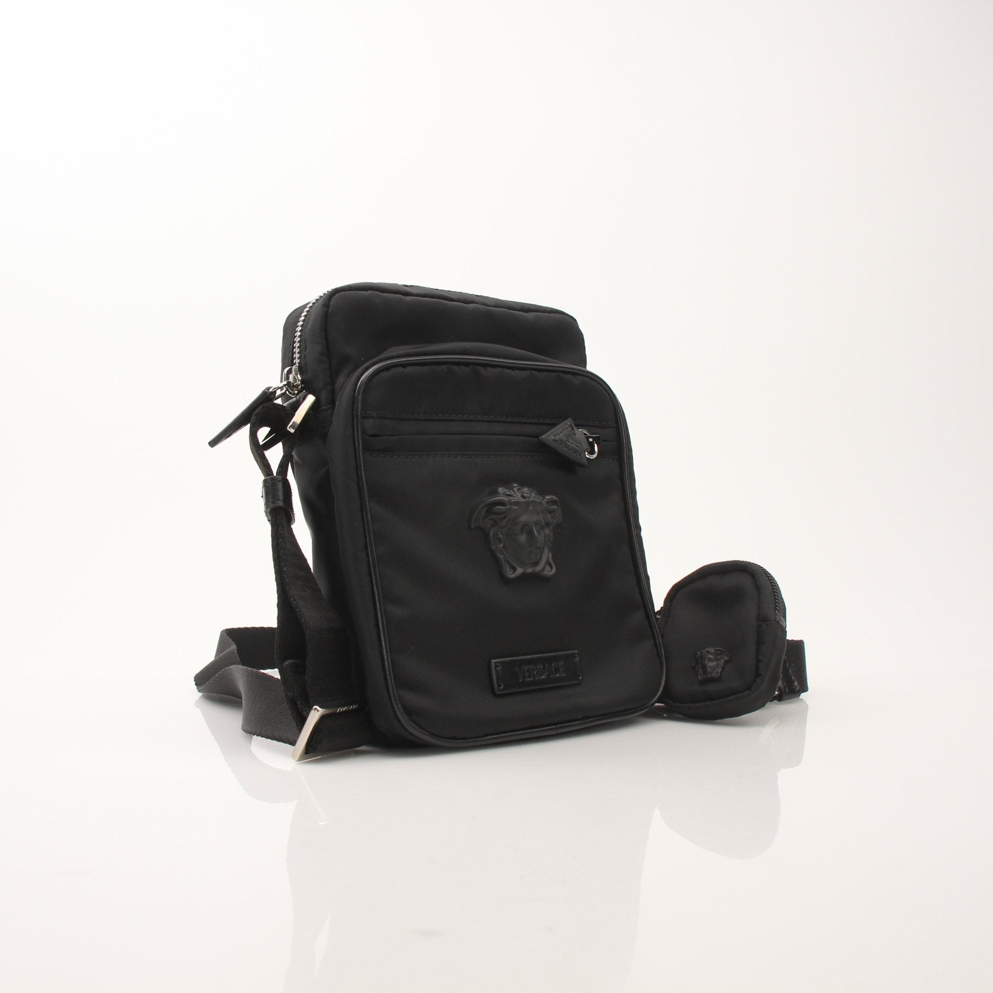 Gold & Beyond Versace men's nylon crossbody handbag with Medusa head logo and adjustable strap, black color, stylish accessory.
