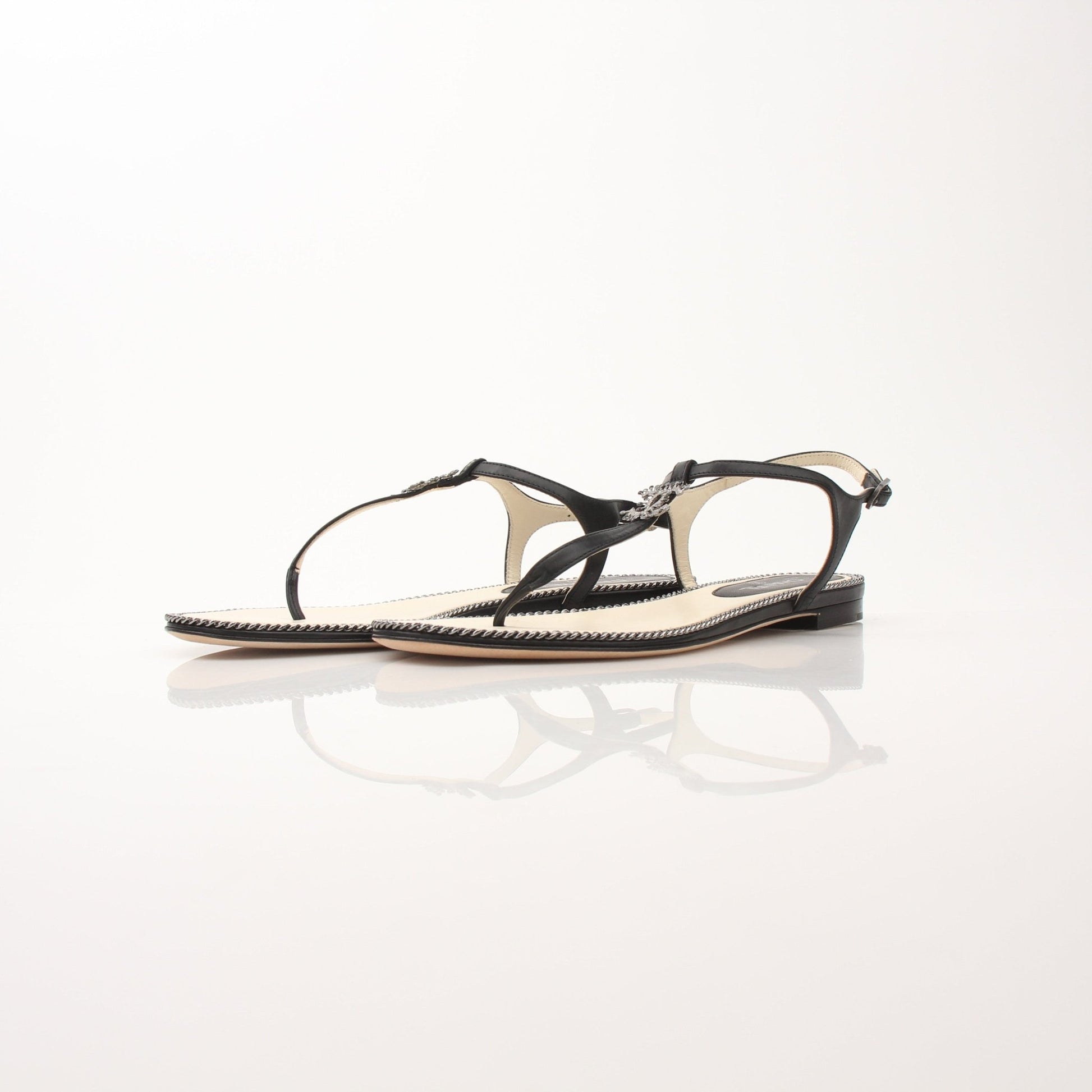 Gold & Beyond Chanel women’s chain trim thong sandals featuring sleek straps and stylish design, perfect for summer wear.