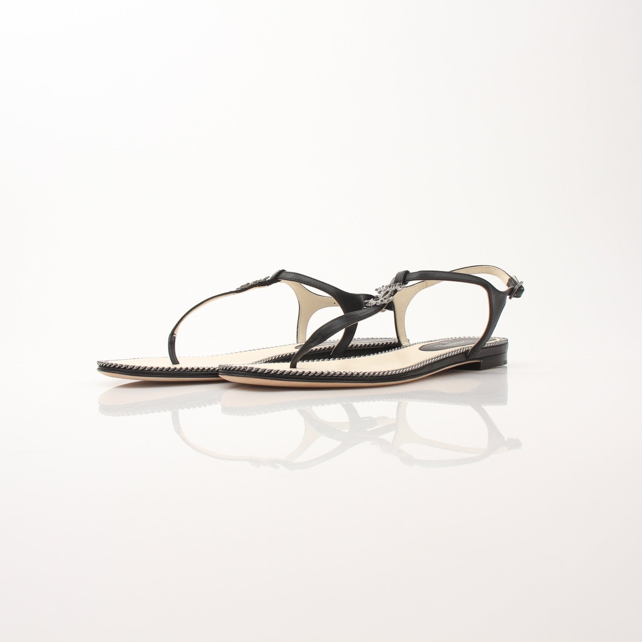 Gold & Beyond Chanel women’s chain trim thong sandals featuring sleek straps and stylish design, perfect for summer wear.