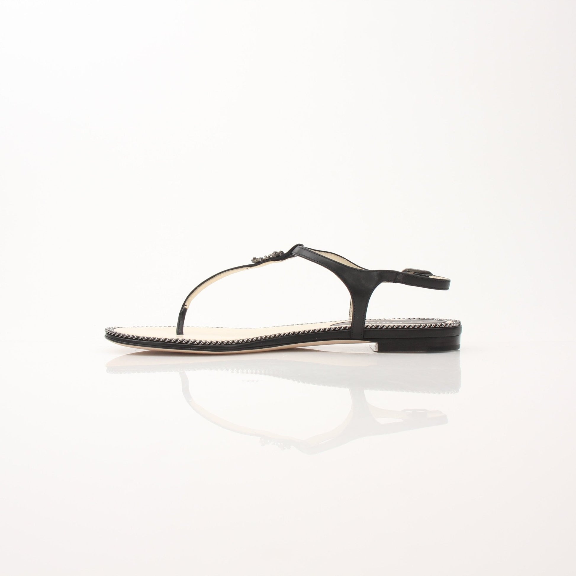 Gold & Beyond Chanel women’s chain trim thong sandals featuring sleek straps and elegant design, perfect for summer wear.