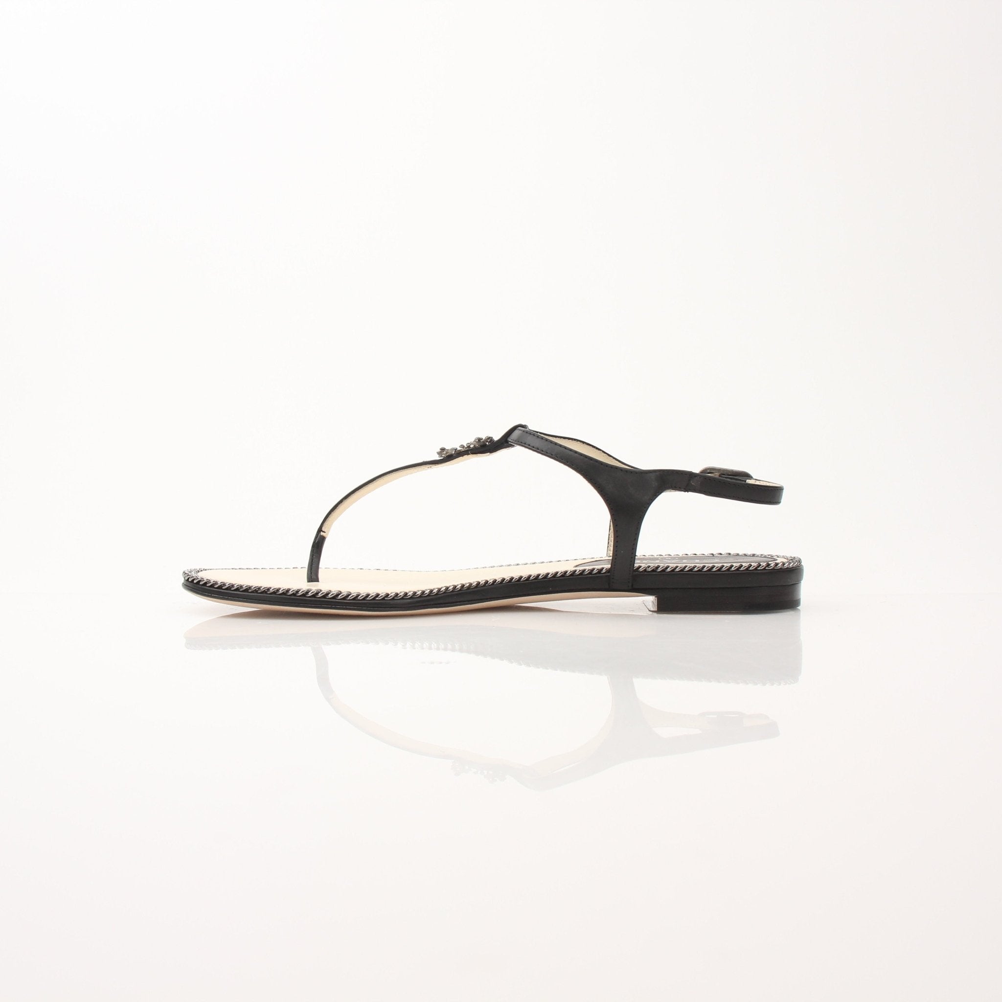 Gold & Beyond Chanel women’s chain trim thong sandals featuring sleek straps and elegant design, perfect for summer wear.