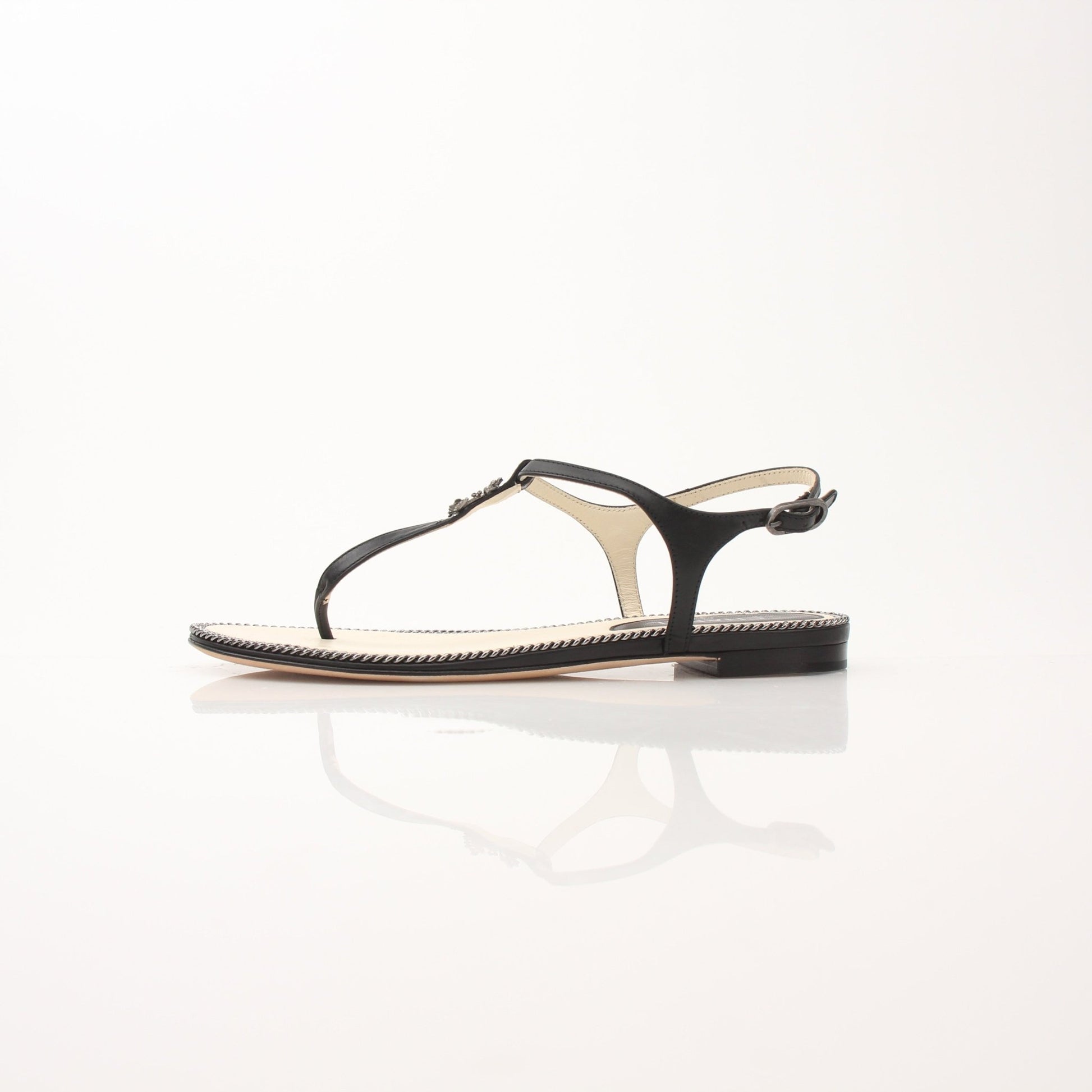 Gold & Beyond Chanel women's chain trim thong sandals, stylish shoes with elegant chain detailing and comfortable slip-on design.