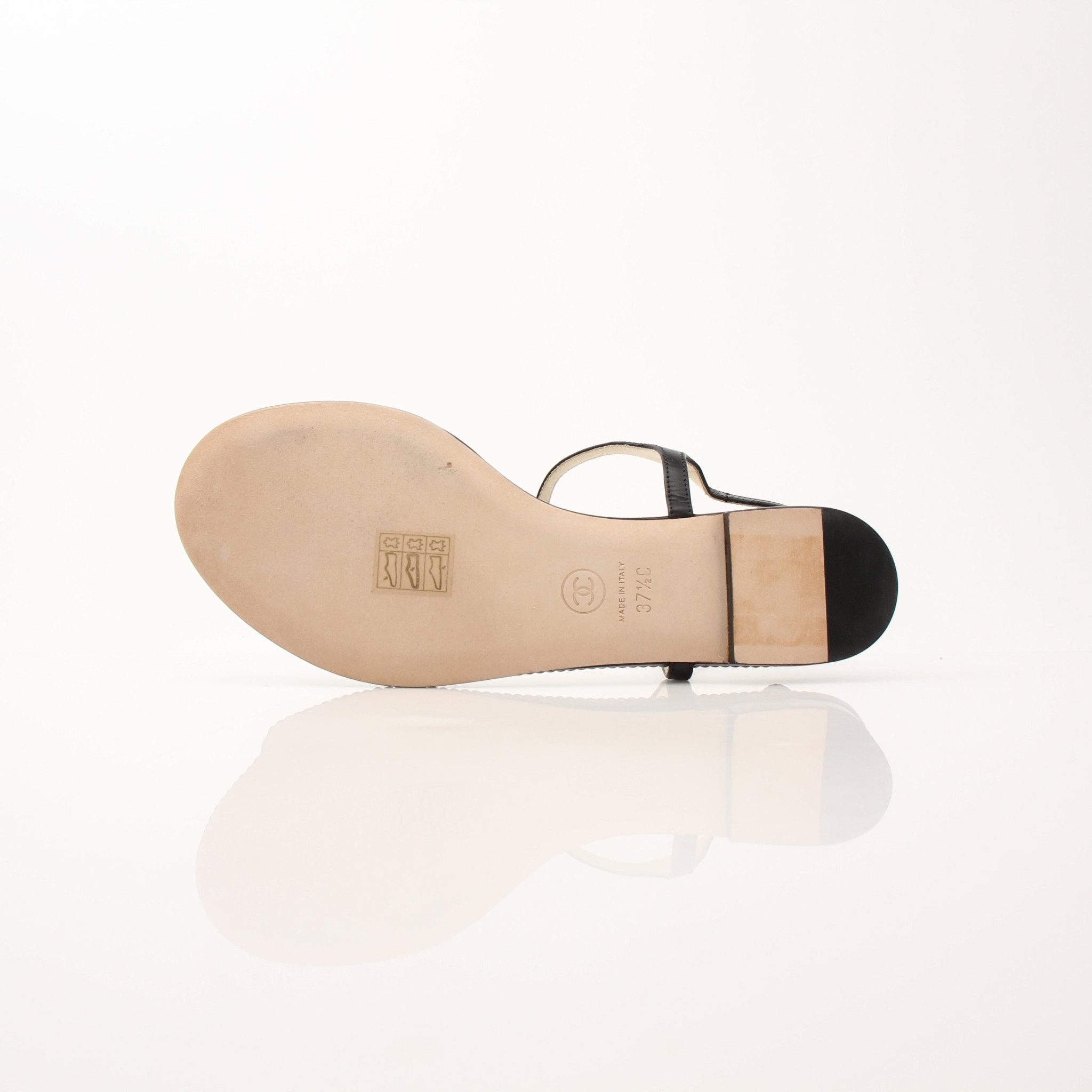 Gold & Beyond Chanel Women’s Chain Trim Thong Sandals, stylish shoes with chain detail and comfortable thong design.