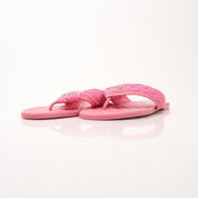 Gold & Beyond Chanel Women’s CC Tweed Thong Sandals, stylish shoes with tweed detail and thong design, close-up view of the footwear.