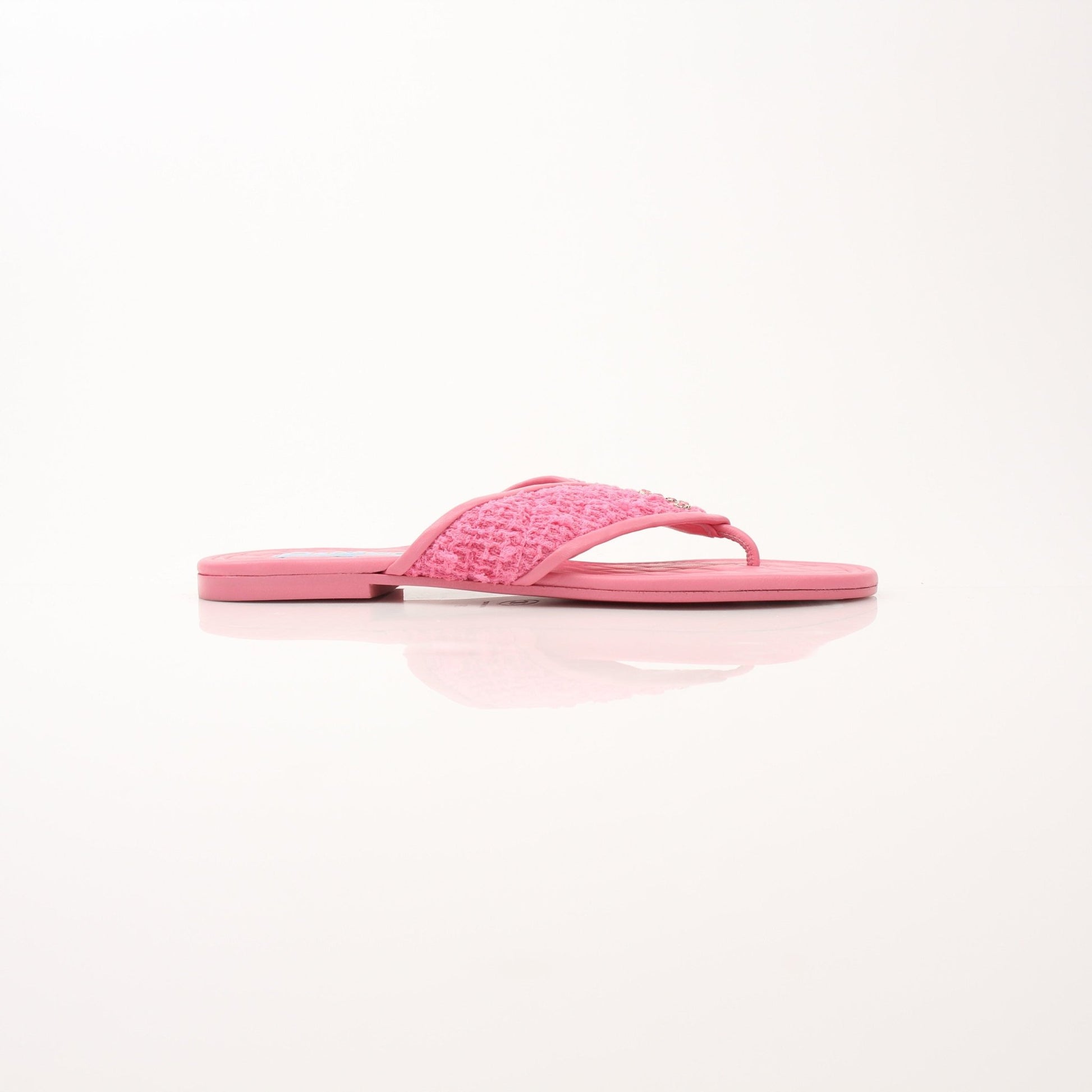 Gold & Beyond Chanel CC Tweed thong sandals for women, showcasing stylish tweed straps and comfortable footwear design.