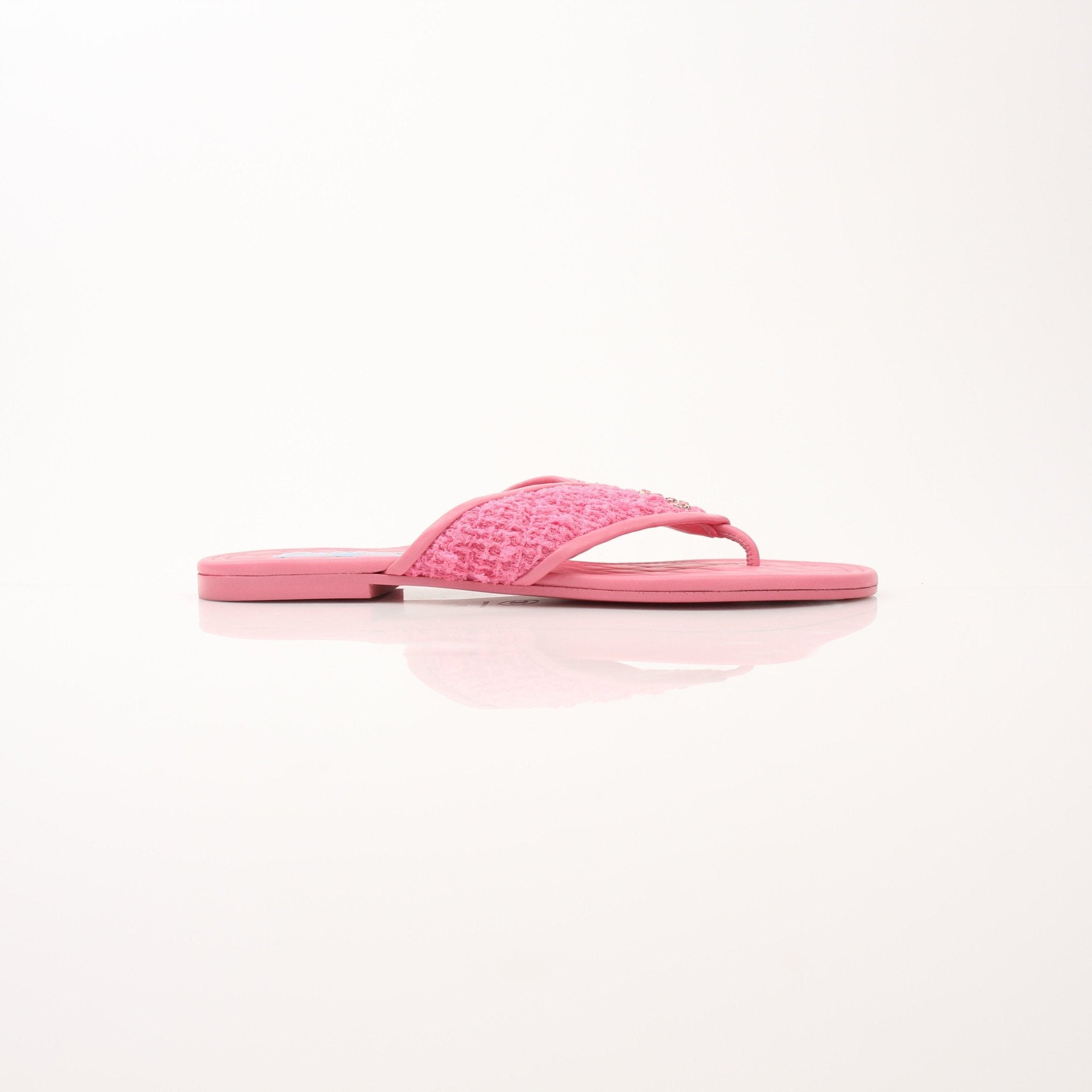 Gold & Beyond Chanel CC Tweed thong sandals for women, showcasing stylish tweed straps and comfortable footwear design.