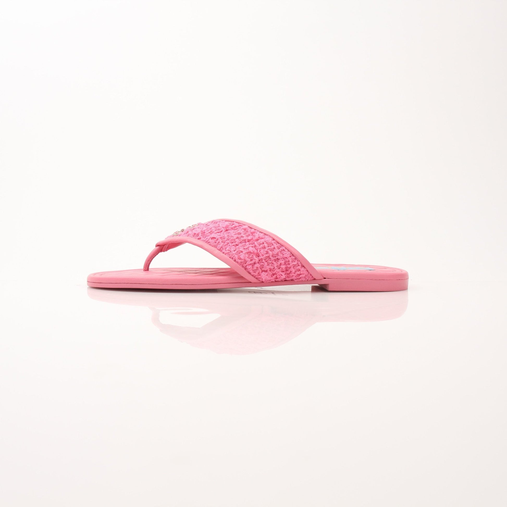 Gold & Beyond Chanel women’s CC Tweed thong sandals with woven fabric straps and flat sole, stylish and comfortable shoes.