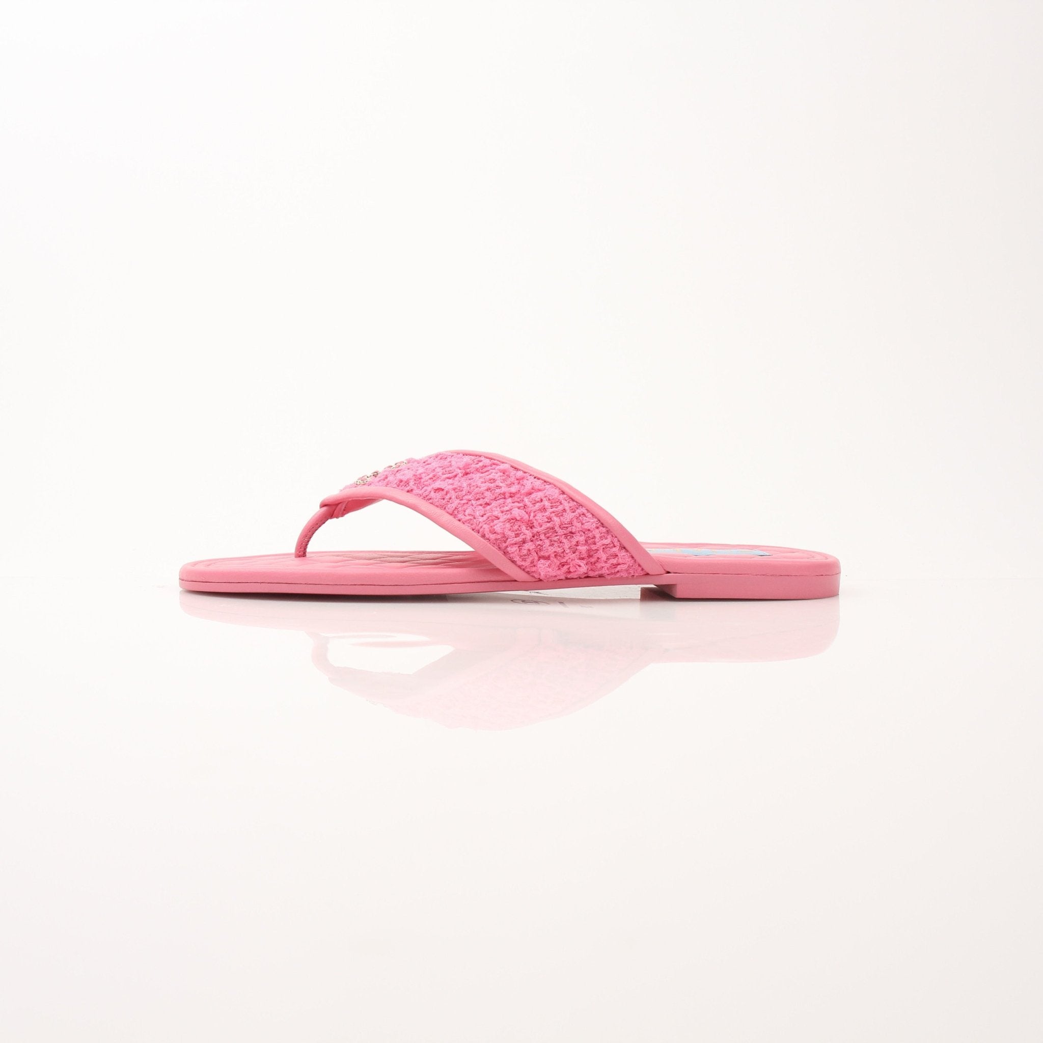 Gold & Beyond Chanel women’s CC Tweed thong sandals with woven fabric straps and flat sole, stylish and comfortable shoes.