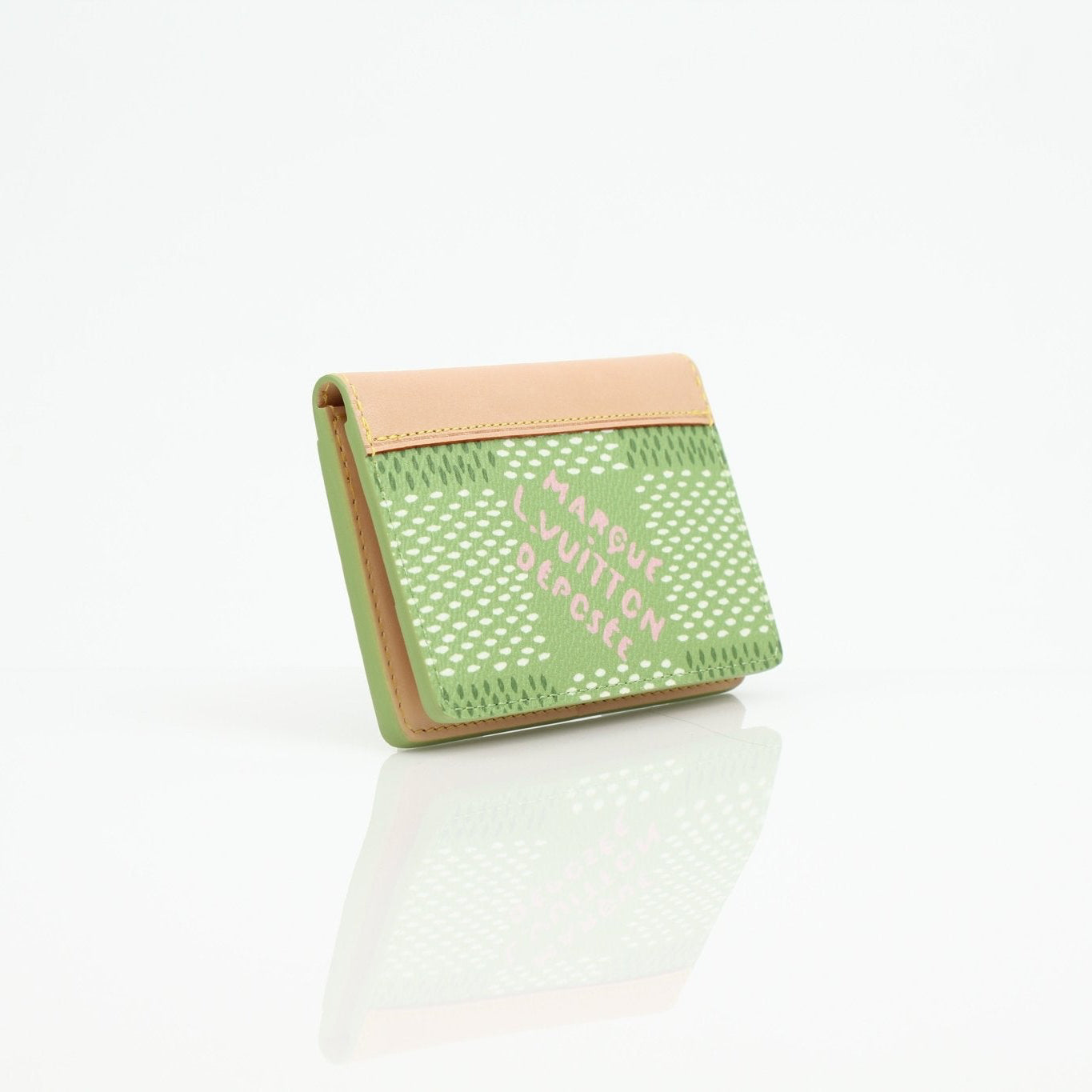 Green Louis Vuitton x Tyler The Creator pocket organizer card holder with multiple card slots and designer details.