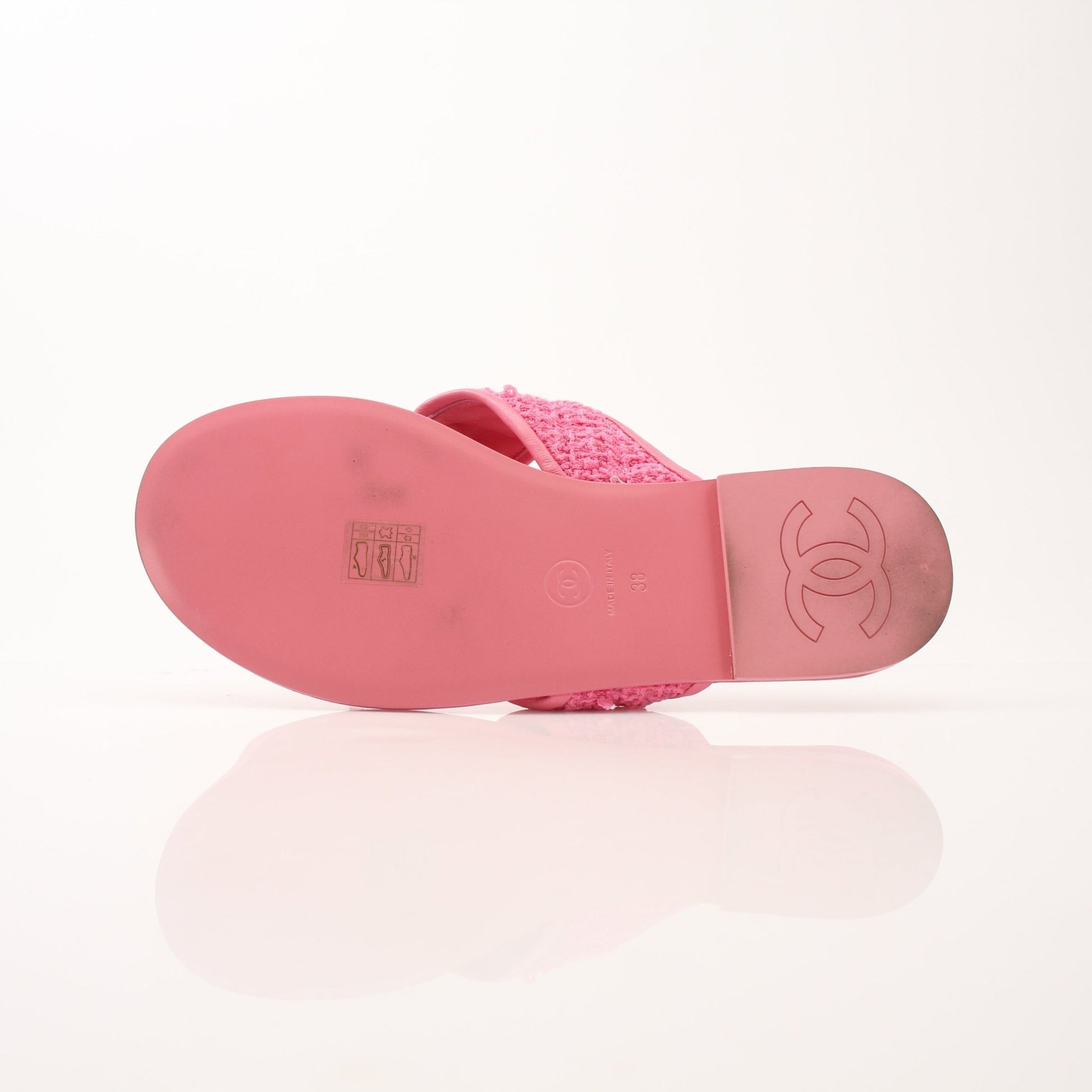 Gold & Beyond Chanel CC Tweed thong sandals for women, stylish shoes with tweed design and comfortable thong strap.
