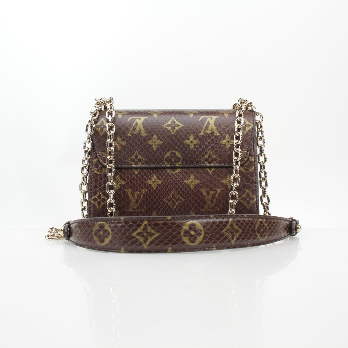 Louis Vuitton brown monogram python Twist PM crossbody handbag with gold hardware and adjustable strap.