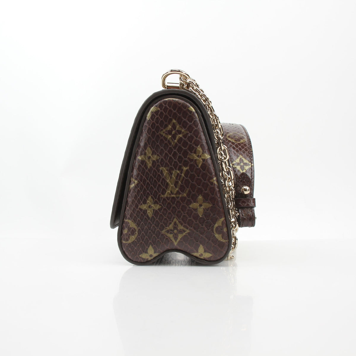Louis Vuitton brown monogram python Twist PM crossbody handbag with adjustable strap and gold hardware.