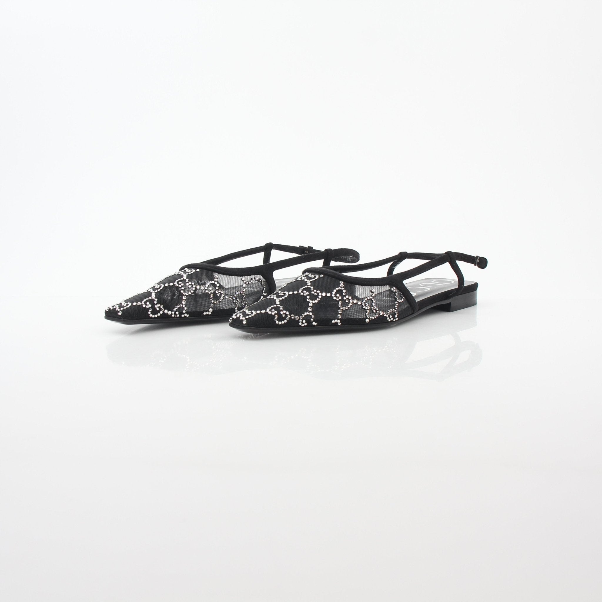 Gucci Demi GG crystal mesh slingback ballerina flats in gold with crystal embellishments, stylish and elegant footwear.