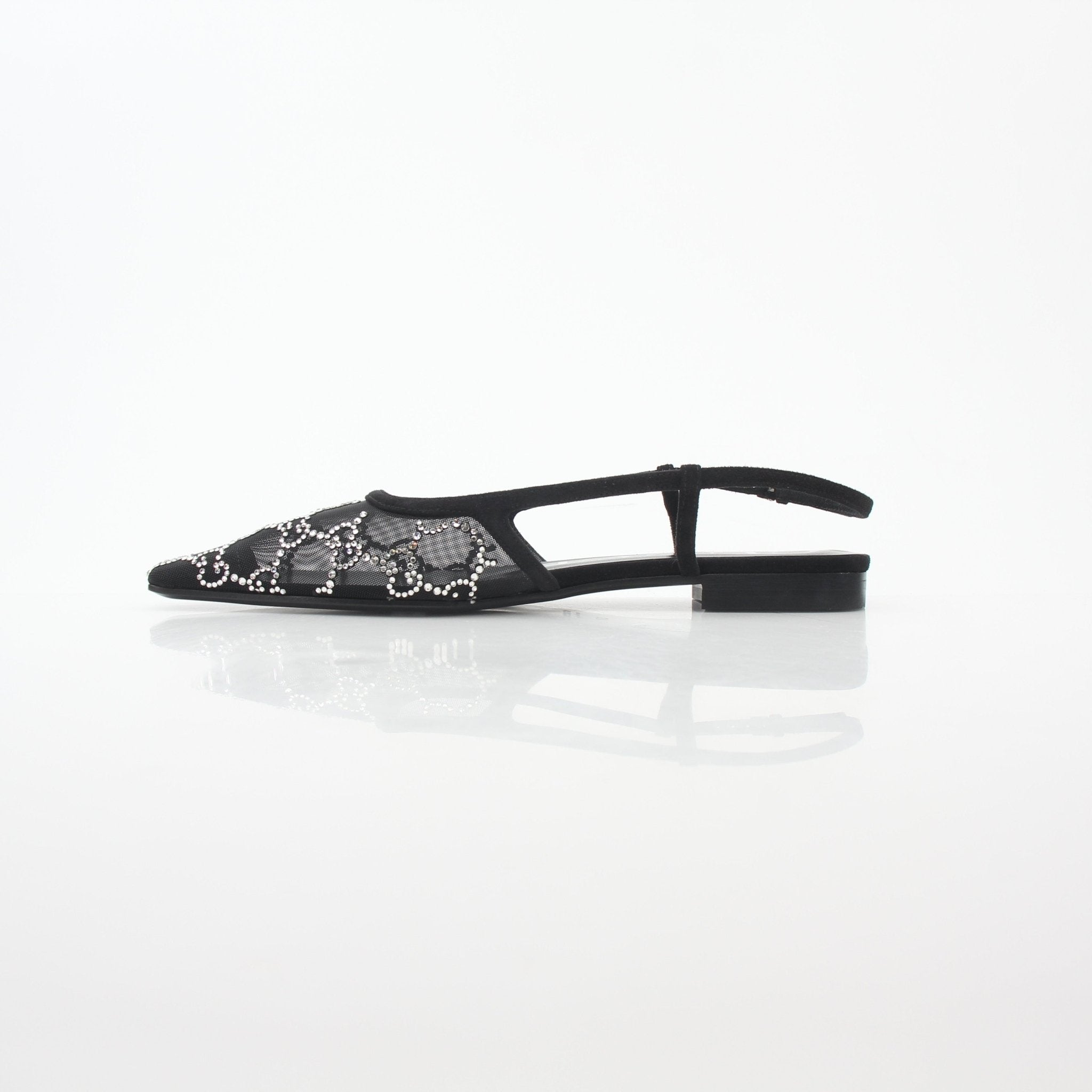Gucci Demi GG crystal mesh slingback ballerina flats with gold accents and elegant design, showcased on a neutral background.