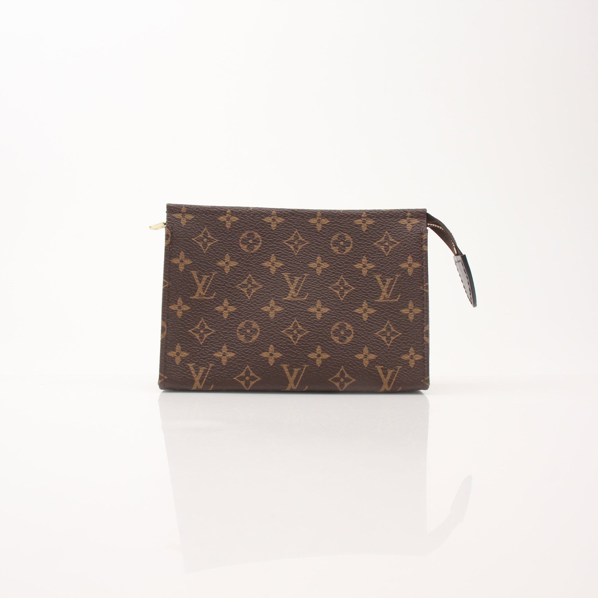 Louis Vuitton Toiletry Pouch 15 vanity case with gold accents, displayed with open zipper and interior compartments.