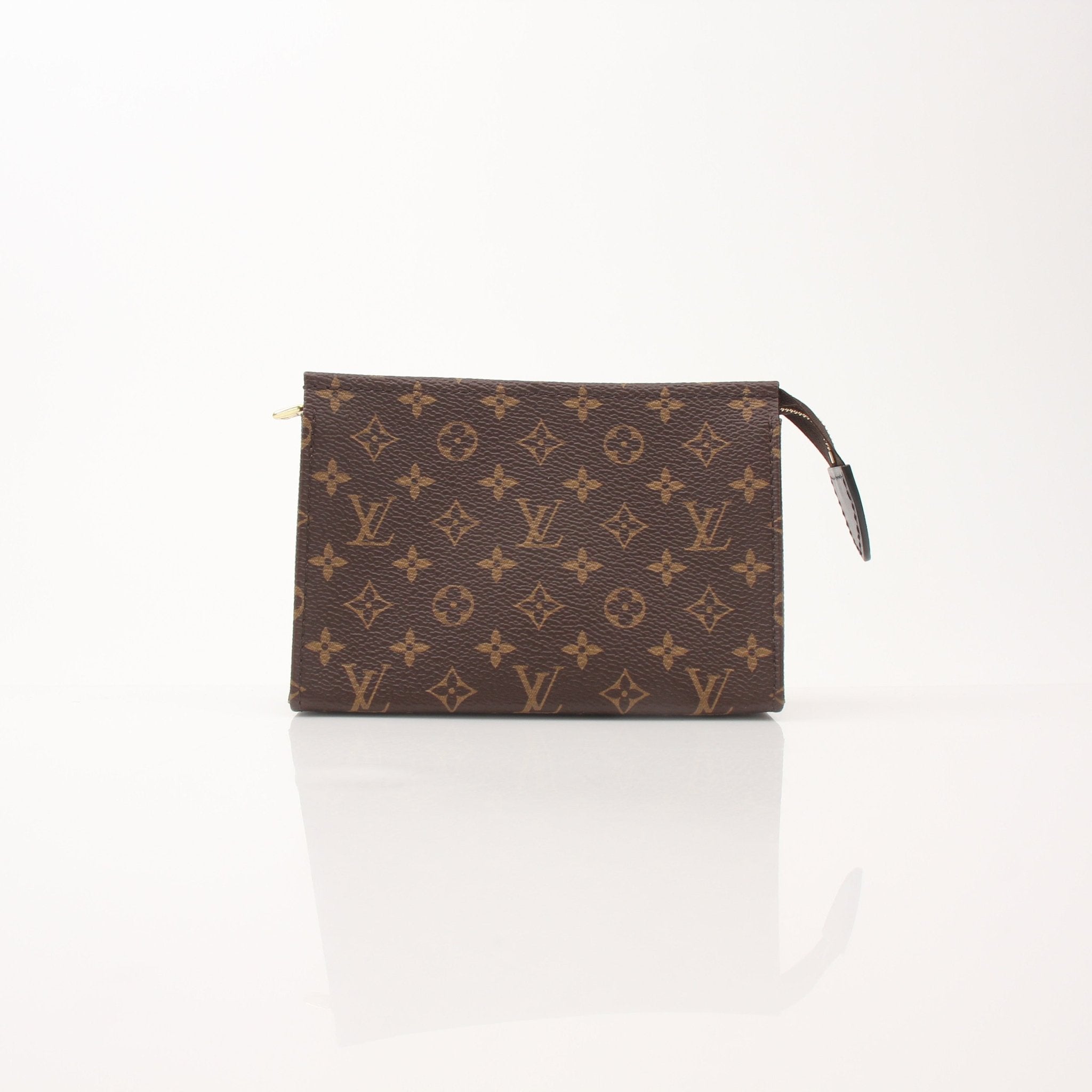 Louis Vuitton Toiletry Pouch 15 vanity case with gold accents, displayed with open zipper and interior compartments.