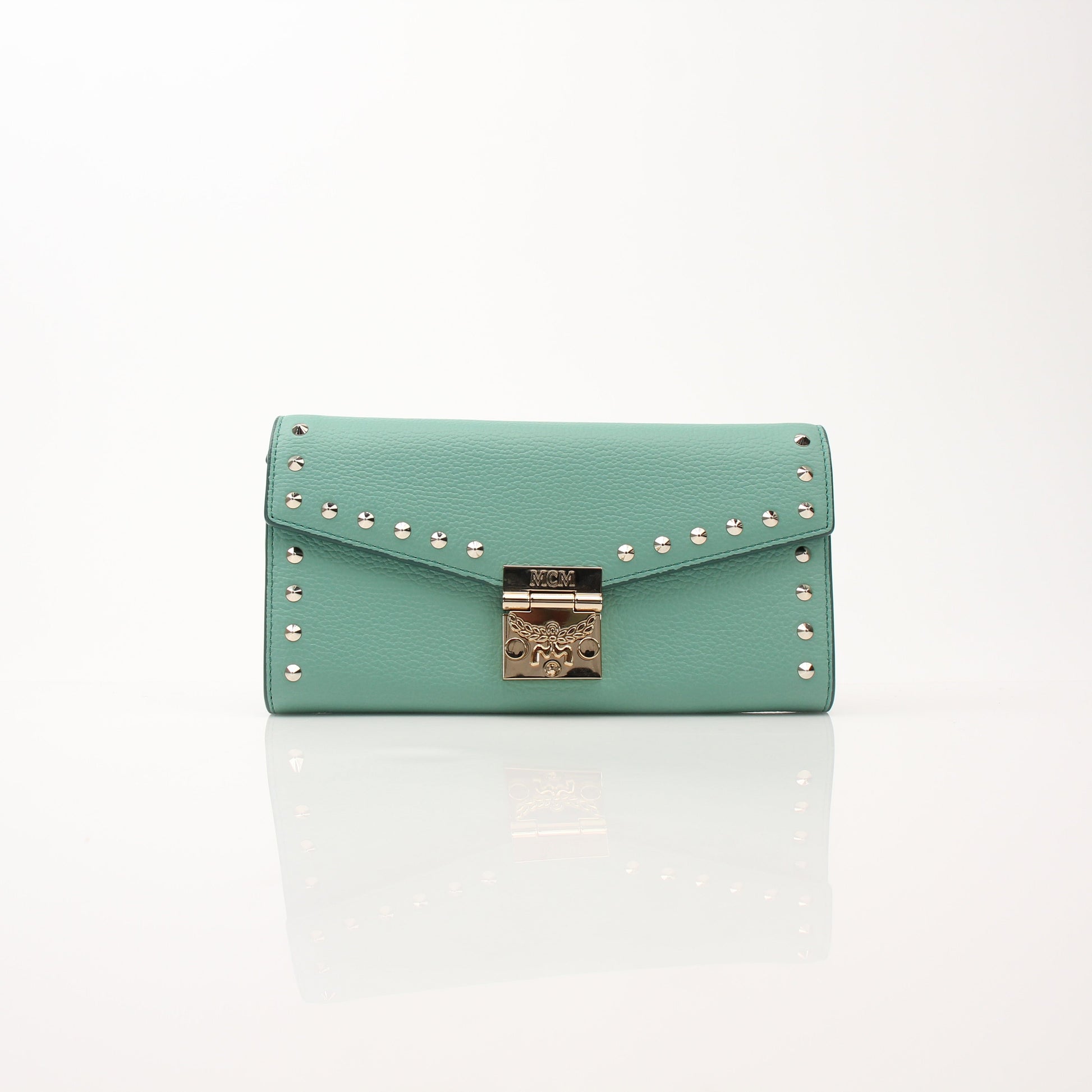 Gold & Beyond MCM Millie Mint Wallet on Chain, stylish leather wallet featuring gold-tone chain and compact design.